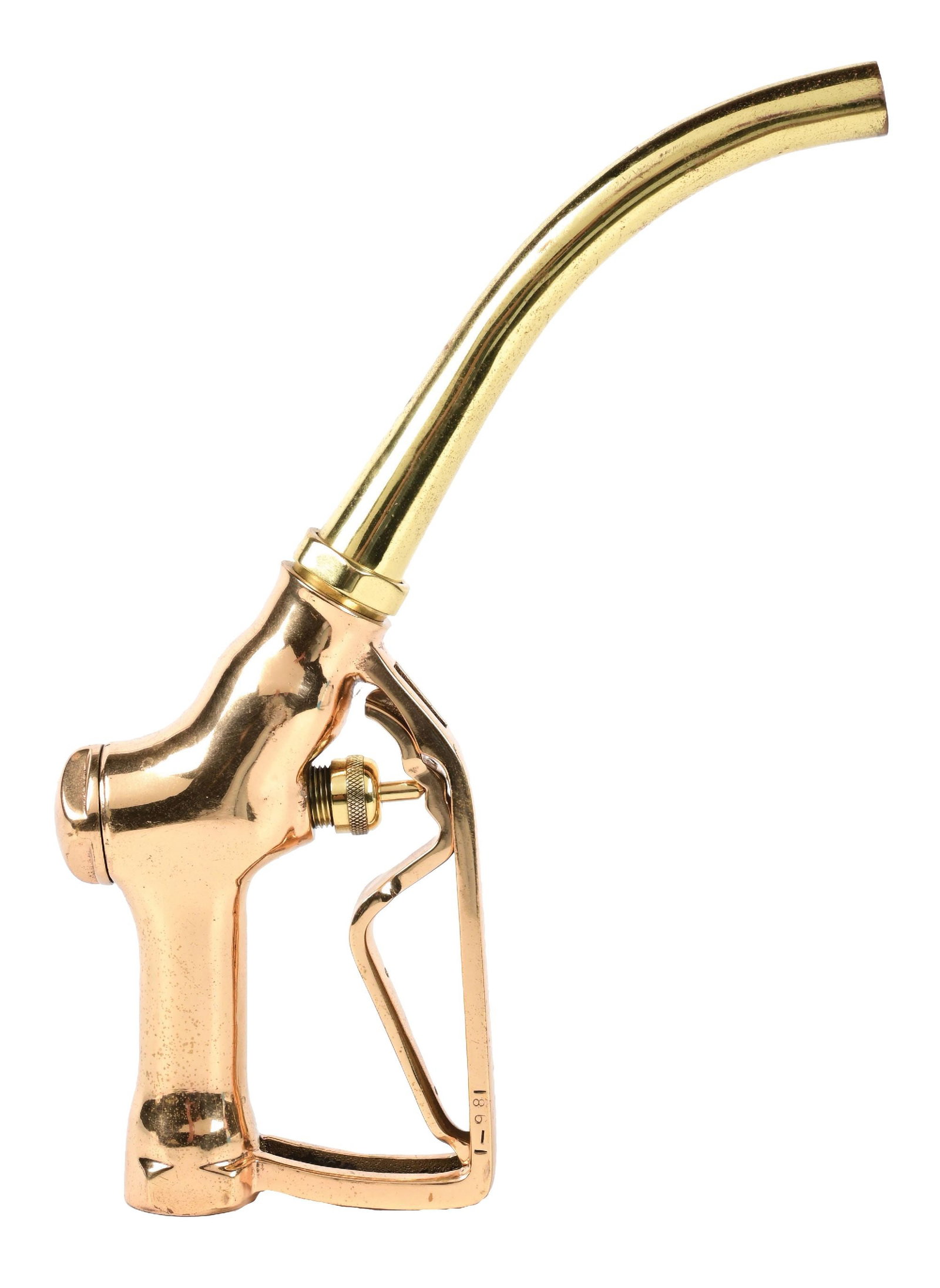 POLISH BRASS GAS PUMP NOZZLE: Marked "McD". CONDITION: Nozzle showing a beautiful polished brass surface with no notable areas of wear or damage. Excellent and in ready to display condition. Condition: (Excellent). Dimensions: 15 