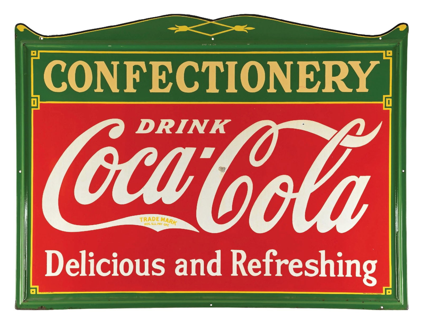 DRINK COCA-COLA DELICIOUS AND REFRESHING CONFECTIONERY SELF FRAMED PORCELAIN SIGN: SSP. Maker Marked Tennessee Enamel & Dated 1933. CONDITION: Sign shows excellent color & gloss, throughout with two chips in the inner field as well as some minor staining in the white. Minor areas of