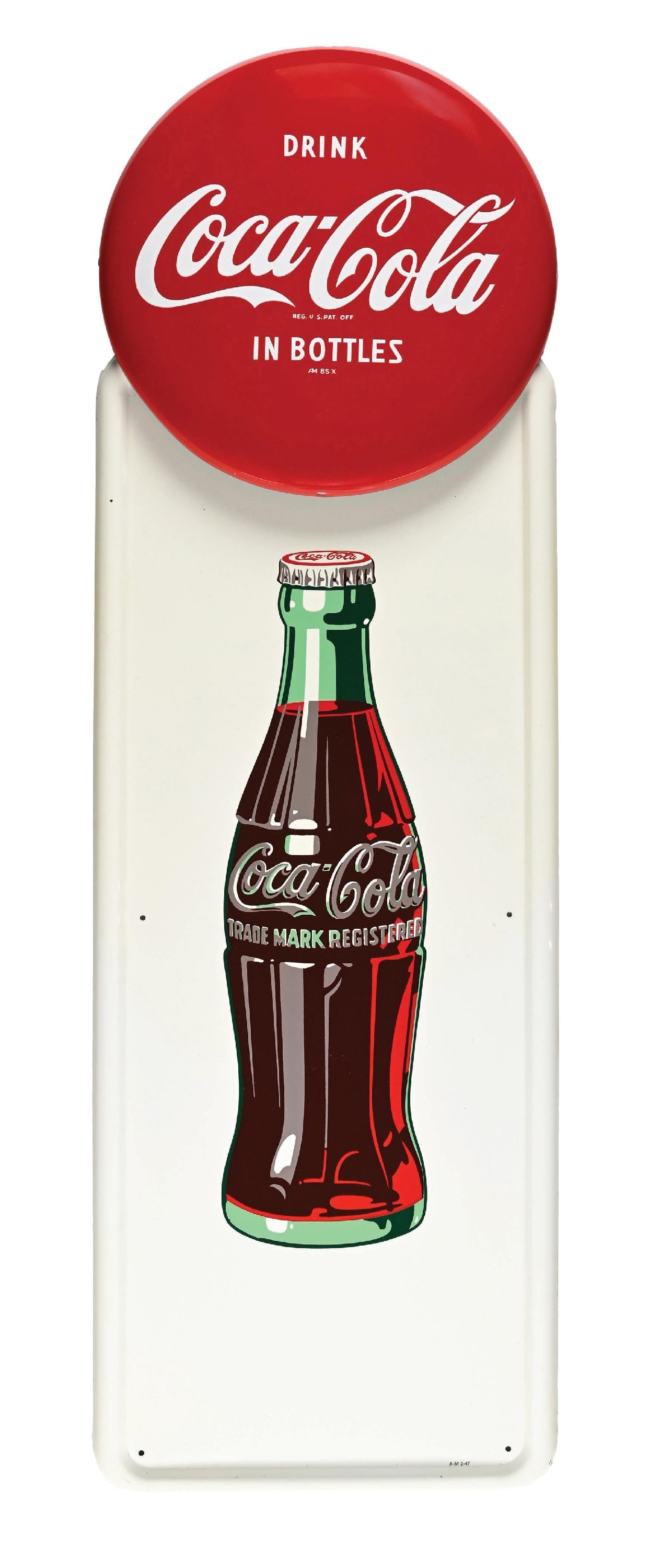 OUTSTANDING COCA-COLA TWO-PIECE TIN PILASTER SIGN W/ BOTTLE GRAPHIC: SST. Each sign maker marked A.M. CONDITION: A brilliant example throughout, showing excellent color & gloss with no notable field wear showing ultra clean bottle graphic. Sign displays only the lighte