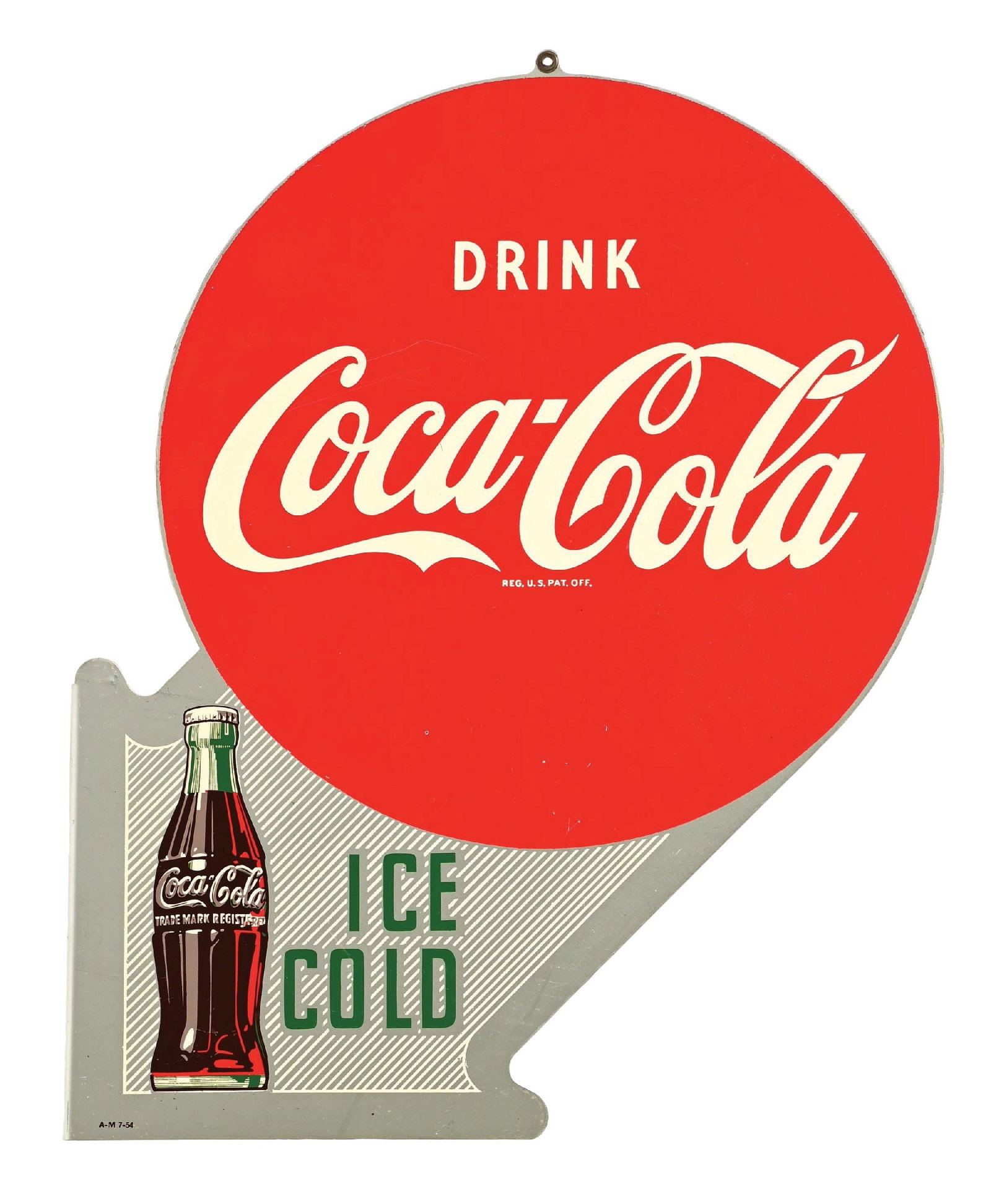 IMPRESSIVE DRINK COCA-COLA ICE COLD TIN FLANGE SIGN: DST. Maker Marked A.M. & Dated 1954. An outstanding example, most likely NOS with any wear coming from storage. CONDITION: Each side in outstanding condition, showing excellent color & gloss throughou