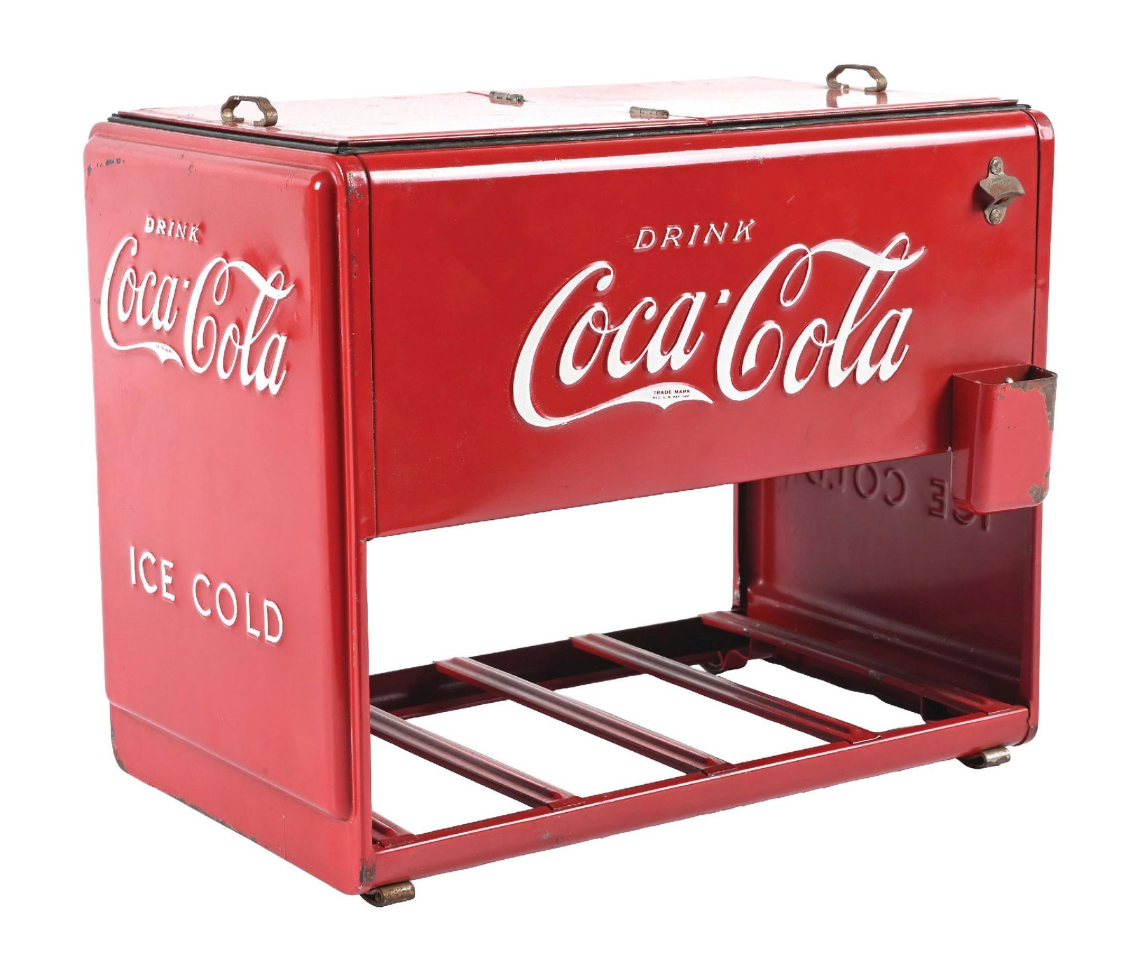 OUTSTANDING COCA COLA SALESMAN SAMPLE COOLER: Embossed Tin. Maker Marked Kay Displays. C. 1930s. CONDITION: Excellent original condition throughout showing bright color & gloss throughout the Coca-Cola script on each side. Cooler retains its orig