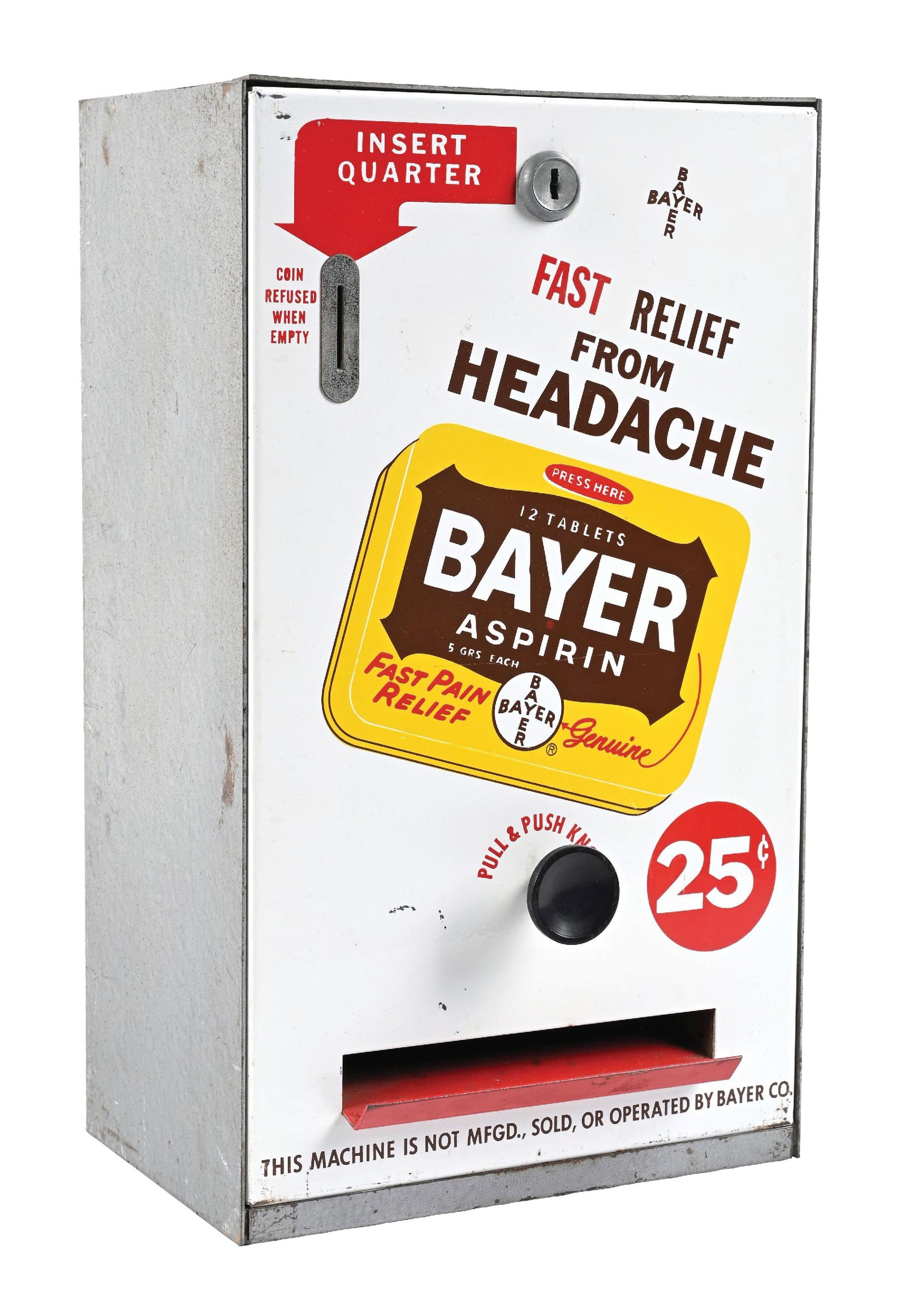 BAYER ASPIRIN 25¢ VENDING MACHINE: CONDITION: Excellent original condition showing bright color & gloss with light areas of minor surface scratching. Metal casing showing light general wear. A well displaying example. Condition: (8.0).