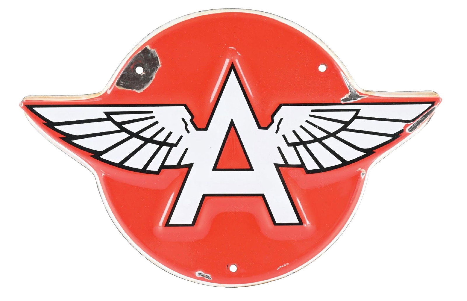 FLYING A GASOLINE EMBOSSED PORCELAIN TRUCK DOOR SIGN: SSP. C. 1950s. CONDITION: Outstanding color and gloss, original throughout. Chip at left mounting hole with light chipping along the edge. Winged A graphic is in outstanding condition, with light wear