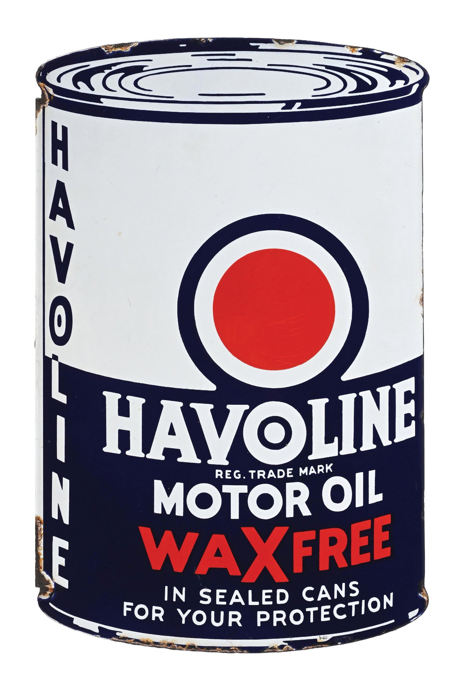 HAVOLINE MOTOR OIL WAX FREE PORCELAIN FLANGE SIGN: DSP. Dated 1935. CONDITION: Each side showing excellent color & gloss throughout with minimal areas of wear in the field. Each side showing some areas of chipping along the outer edges with some chipp