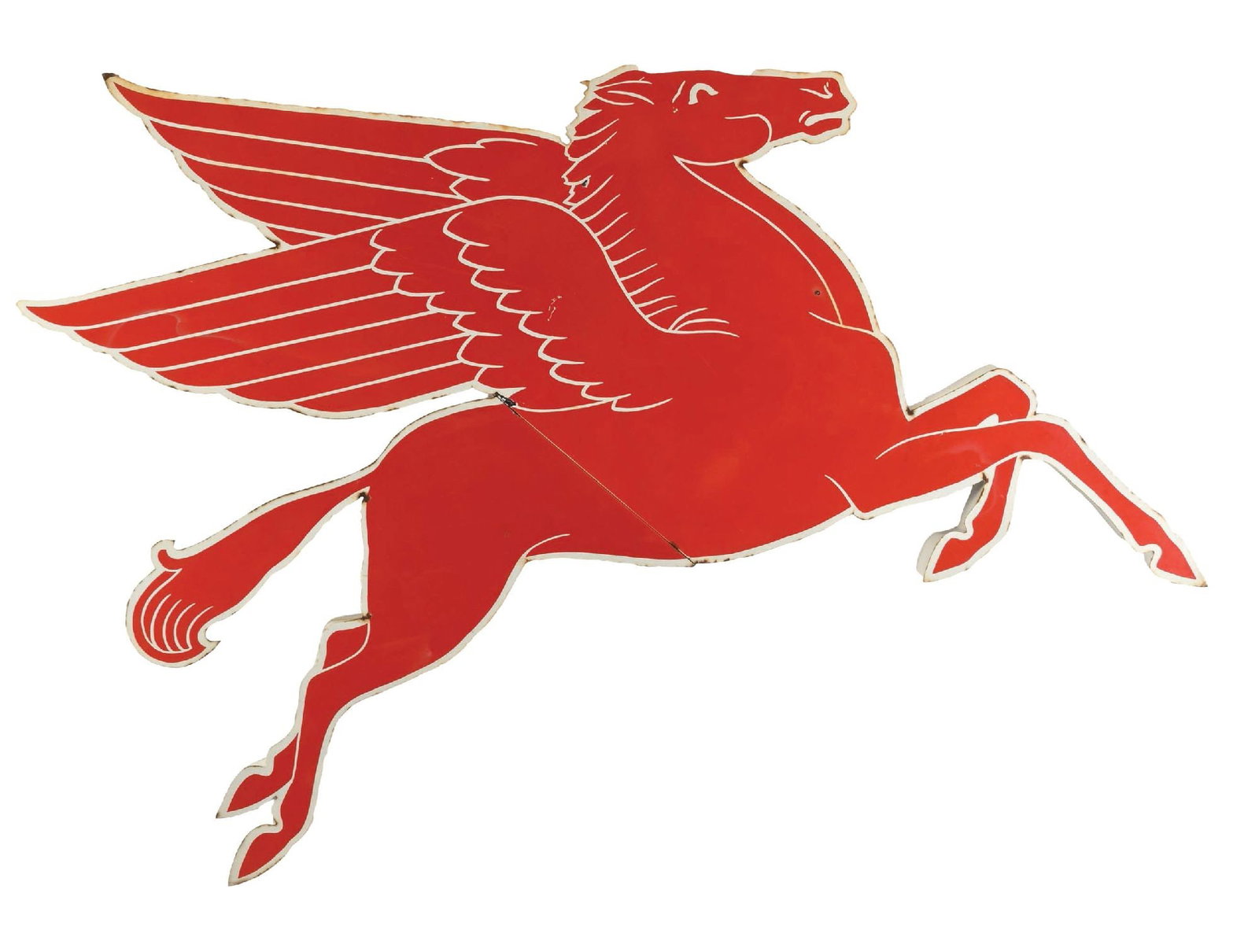 MOBIL PEGASUS PORCELAIN COOKIE CUTTER SIGN: SSP. C. 1950s. CONDITION: Showing excellent color & gloss throughout with a few minor chips in the outer field as well as at the joint. Light areas of wear and chipping along the outer edges with a cr