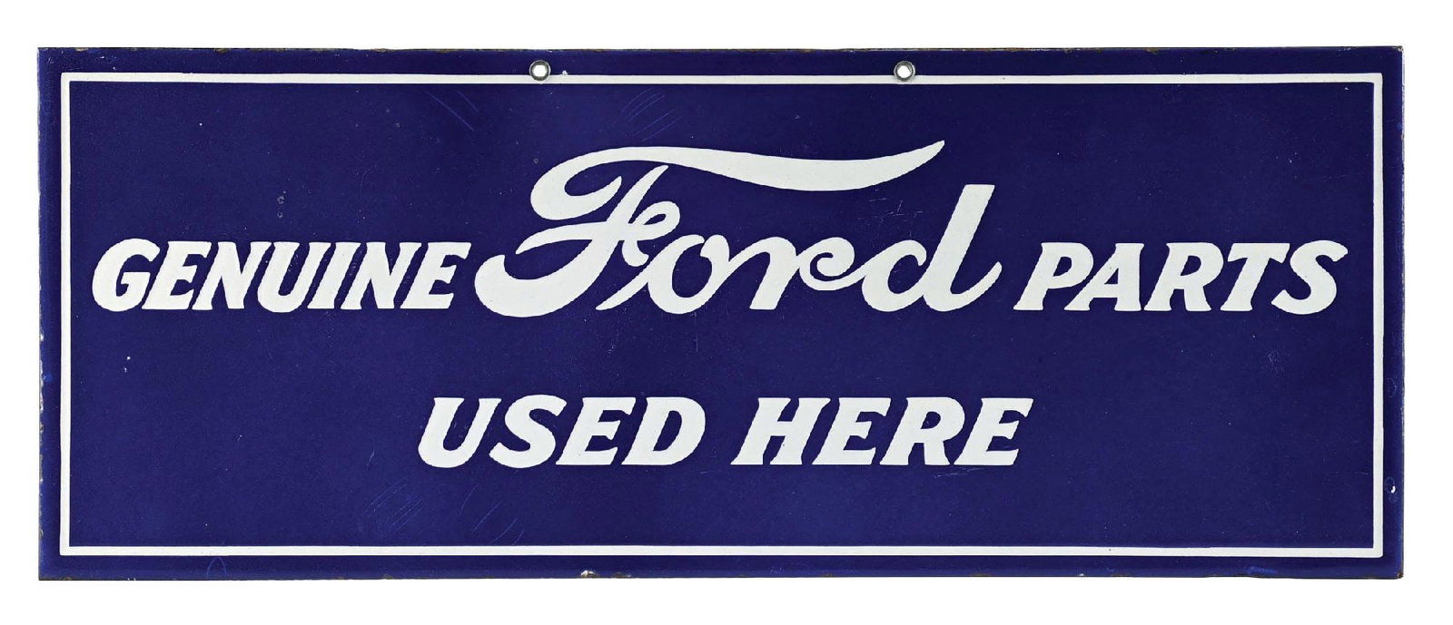 RARE GENUINE FORD PARTS USED HERE PORCELAIN SIGN: SSP. C. 1930s. CONDITION: Sign shows outstanding color & gloss throughout with no field chipping. Minimal areas of light storage wear with excellent condition, mounting holes showing both original zin