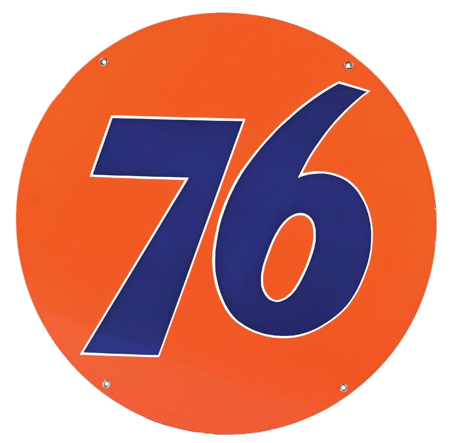 OUTSTANDING N.O.S. UNION 76 GASOLINE PORCELAIN SIGN: SSP. C. 1940s. An incredibly clean example, most likely NOS. CONDITION: Phenomenal color & gloss throughout, showing no field chipping with outstanding condition mounting holes showing all four origin