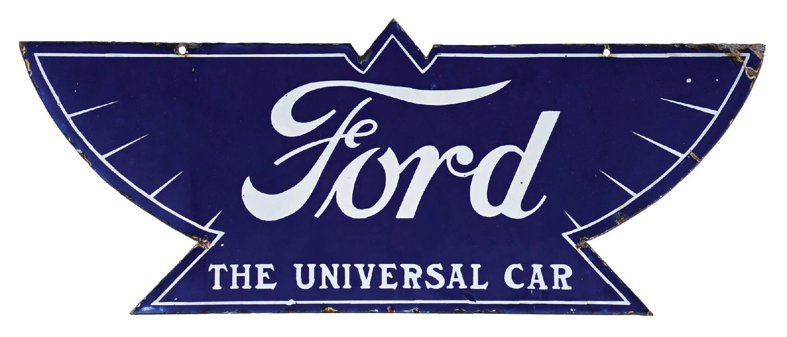 RARE FORD THE UNIVERSAL CAR PORCELAIN SIGN: DSP. C. 1930s. CONDITION: Sign showing exceptional color & gloss throughout the fields of each side with side one showing just a few small field nicks as well as some areas of chipping along the outer