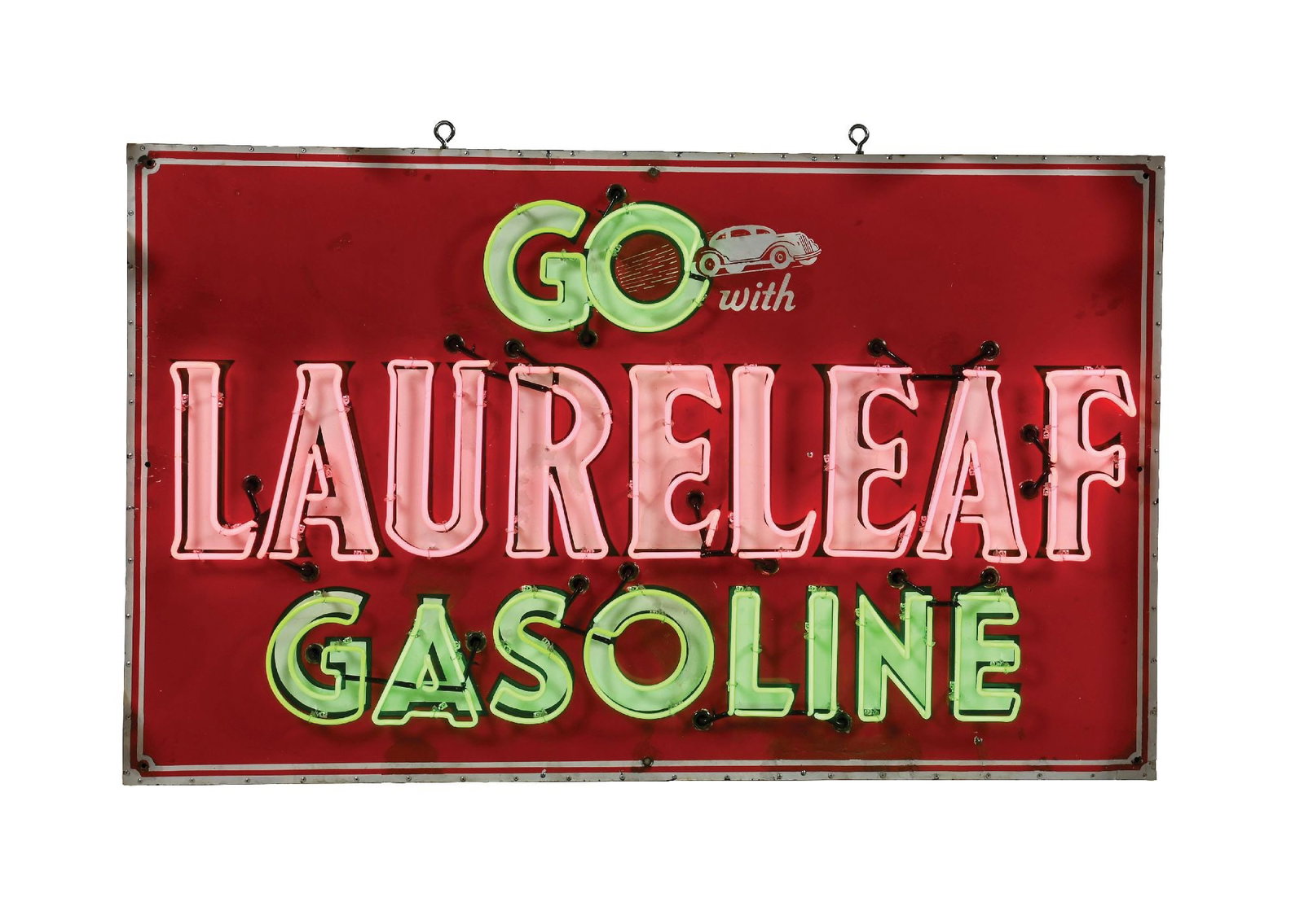 RARE GO WITH LAURELEAF GASOLINE PORCELAIN NEON SIGN W/ CAR GRAPHIC: SSP. C. 1930s. Independent Oil and Refining Co., Billings, Montana. Large and significantly rare sign from Laureleaf Gasoline showing bright red field showing "Go With Laureleaf" slogan in added doubl