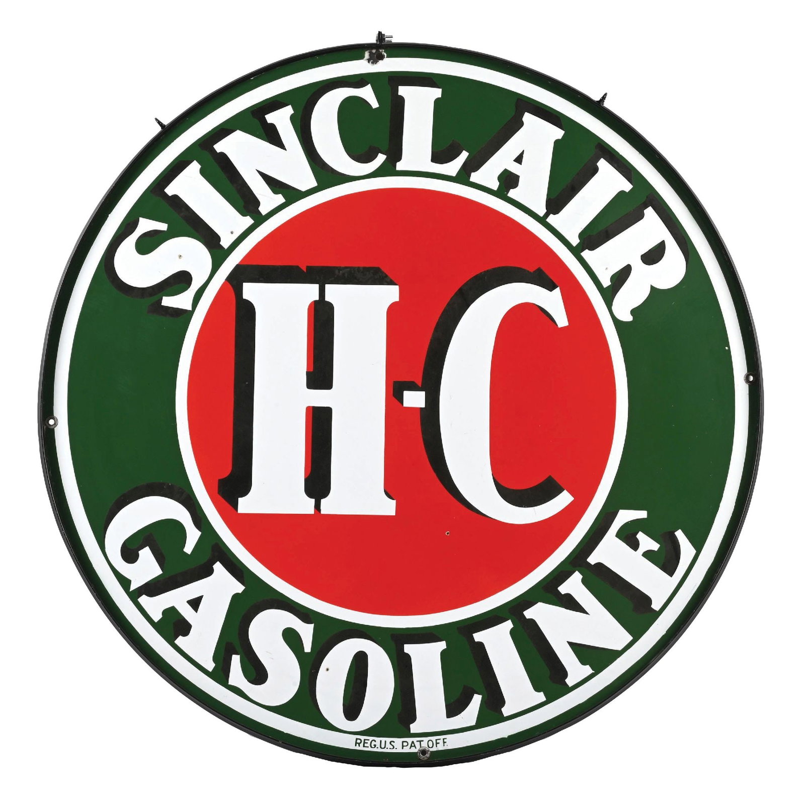 OUTSTANDING SINCLAIR H-C GASOLINE PORCELAIN SIGN W/ METAL RING: Double-Sided Porcelain. C. 1930s. CONDITION: Sign shows excellent color & gloss throughout the field of each side, with just a faint amount of light age & storage wear. Side one showing only one very 