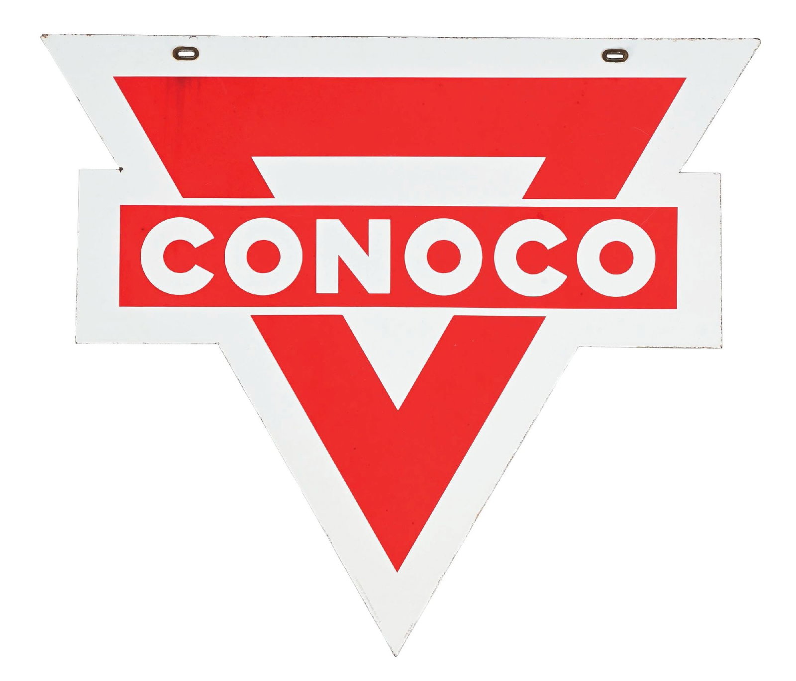 OUTSTANDING 30" CONOCO GASOLINE PORCELAIN CURB SIGN: DSP. Marked "Property Of Continental Oil Company". C. 1940s. An incredibly clean example, most likely NOS, with any wear coming from storage. CONDITION: Side one is brilliant throughout, showing excel