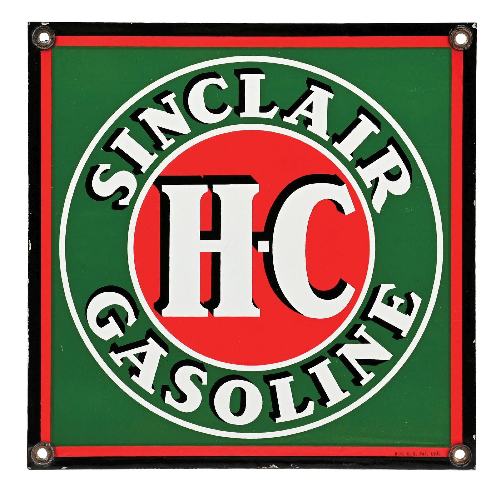 SINCLAIR H-C GASOLINE PORCELAIN SIGN AGS 92: Single Sided Porcelain. C. 1930s. CONDITION: Brilliant color & gloss throughout, showing no notable field wear other than some fine surface scratches. Mounting holes in excellent condition showing all
