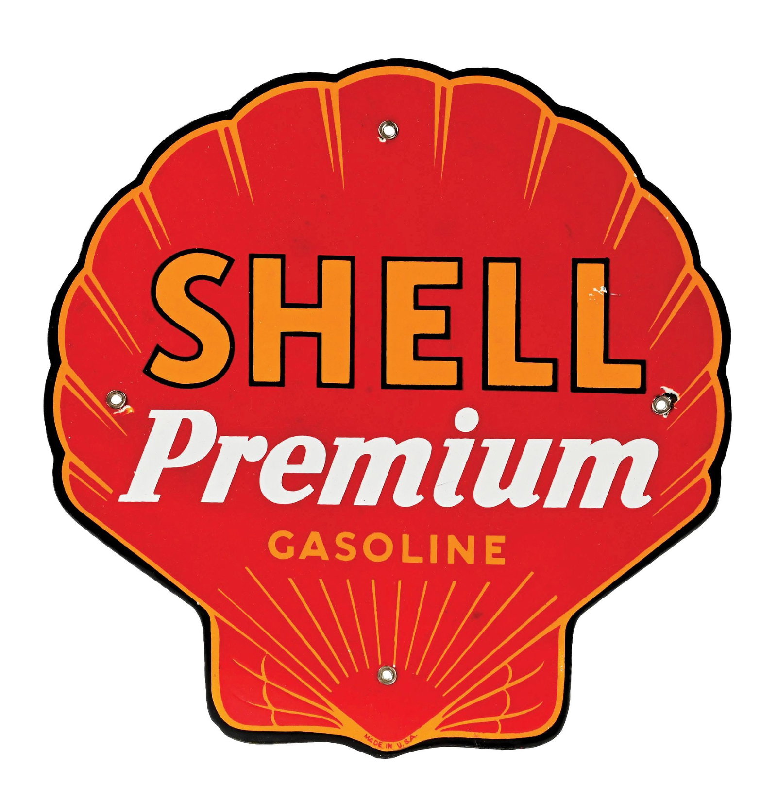 SHELL PREMIUM GASOLINE PORCELAIN PUMP PLATE SIGN: SSP. C. 1940s. CONDITION: Brilliant color & gloss throughout showing one small nick at the "L" of Shell. Very minor nicks at the mounting holes with and excellent condition outer edge free of any nota