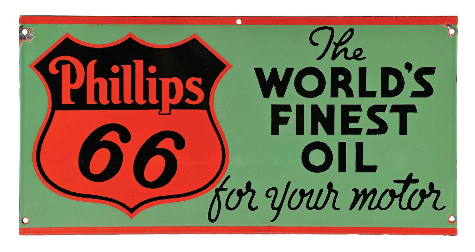 RARE PHILLIPS 66 THE WORLD'S FINEST OIL PORCELAIN RACK SIGN: DSP. C. 1930s. CONDITION: Each side showing outstanding color & gloss throughout the field, with clean Shield graphic as well as script. Each side showing no notable field wear with light chips at the