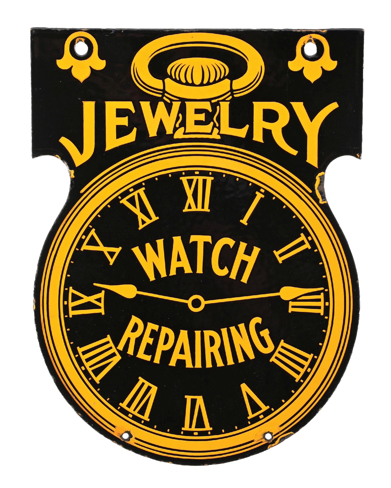 JEWELRY & WATCH REPAIRING DIE-CUT PORCELAIN SIGN: DSP. C. 1920s. CONDITION: Sign showing outstanding color & gloss throughout with heavy shelving between the colors. Each side showing no field chipping with outstanding script and pocket watch graphic