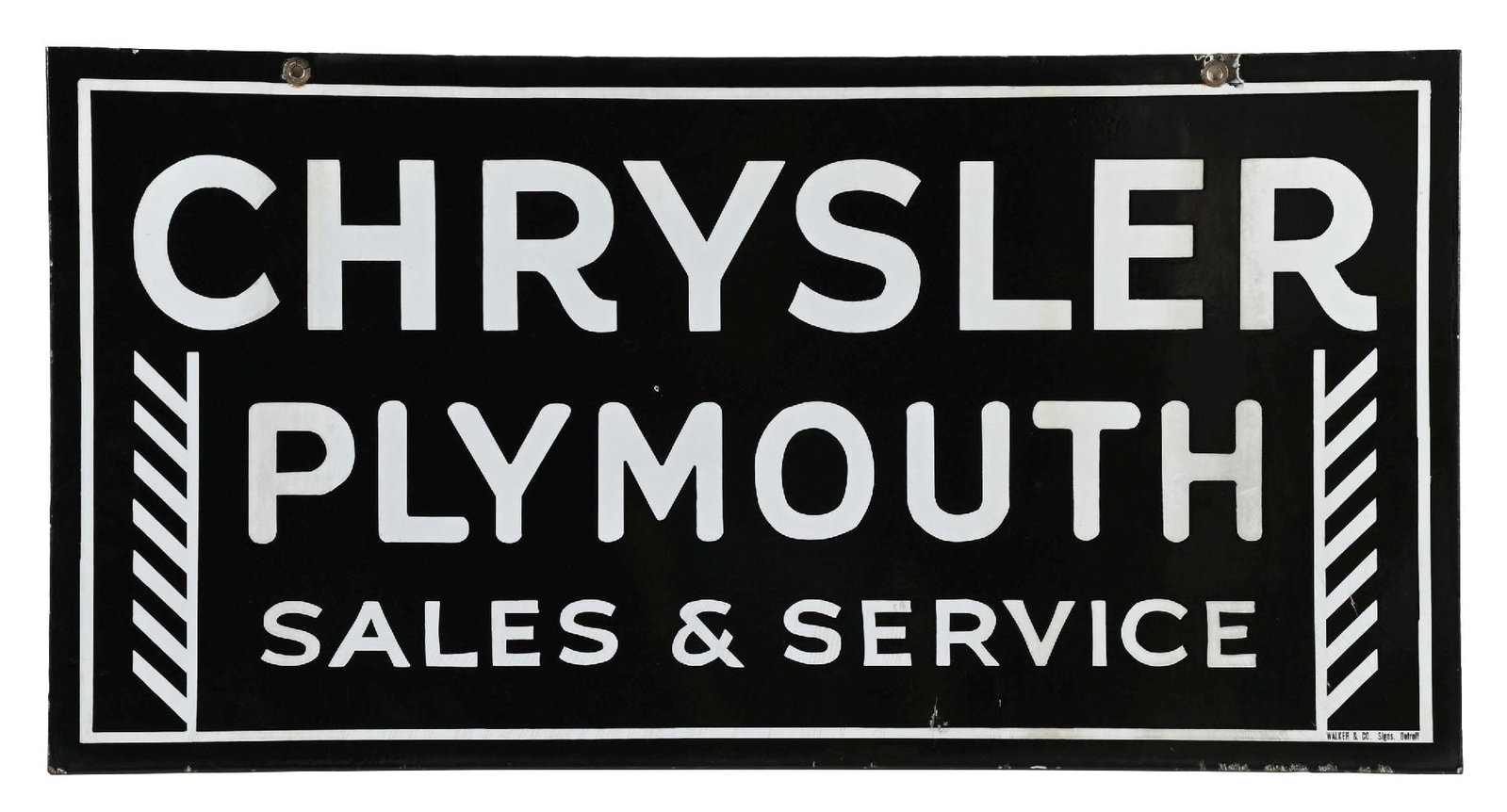 CHRYSLER PLYMOUTH SALES & SERVICE PORCELAIN DEALERSHIP SIGN: DSP. C. 1920s. Maker Marked Walker & Co. CONDITION: Each side showing excellent color & gloss with minimal areas of light wear in the fields. Side two showing one chip near the lower edge. Sign shows 