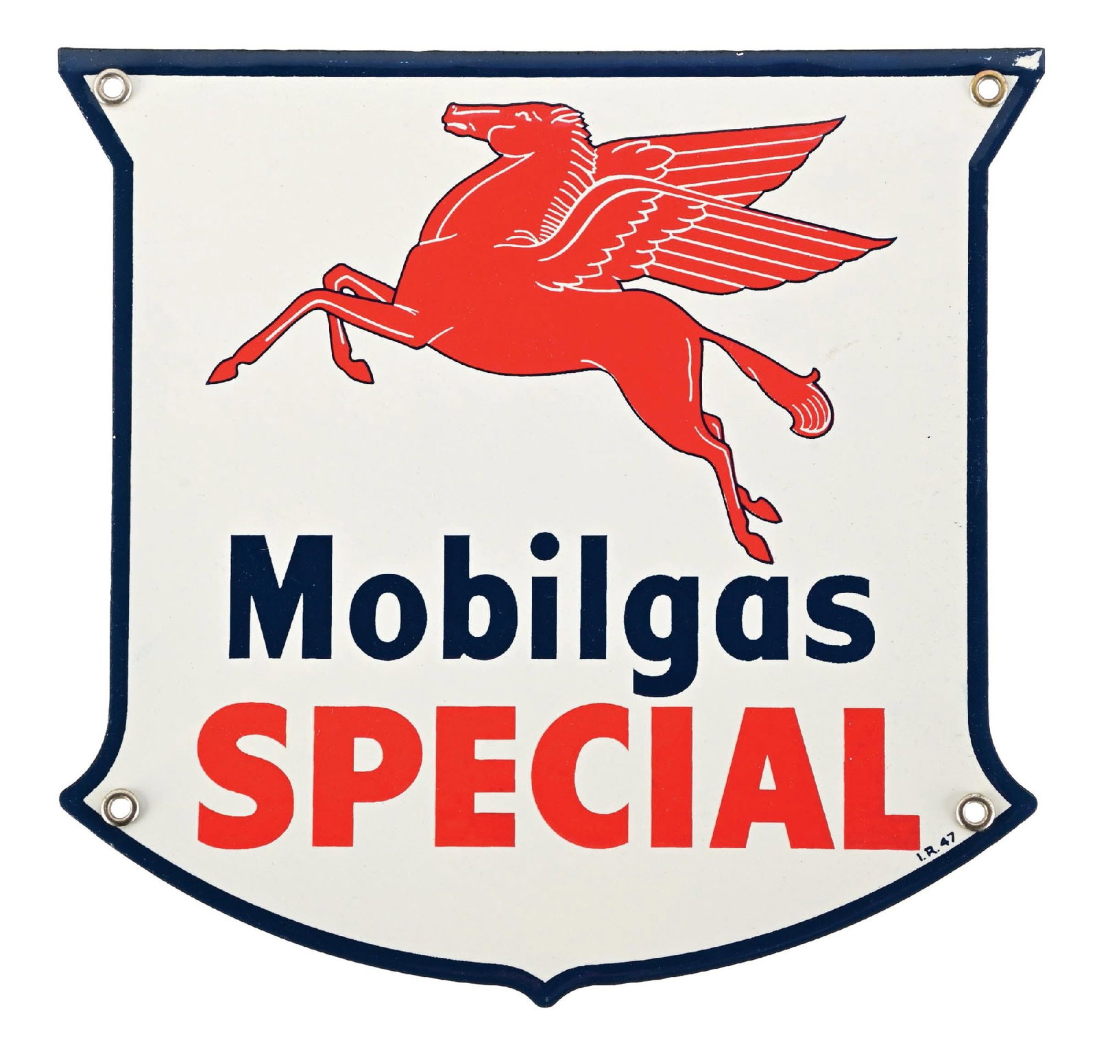 OUTSTANDING MOBILGAS SPECIAL PORCELAIN PUMP PLATE SIGN WITH PEGASUS GRAPHIC: SSP. Maker Marked Ingram Richardson & Dated 1947. CONDITION: A brilliant example throughout, showing no notable field wear with immaculate color & gloss, most likely n.o.s. Original grommets intact on