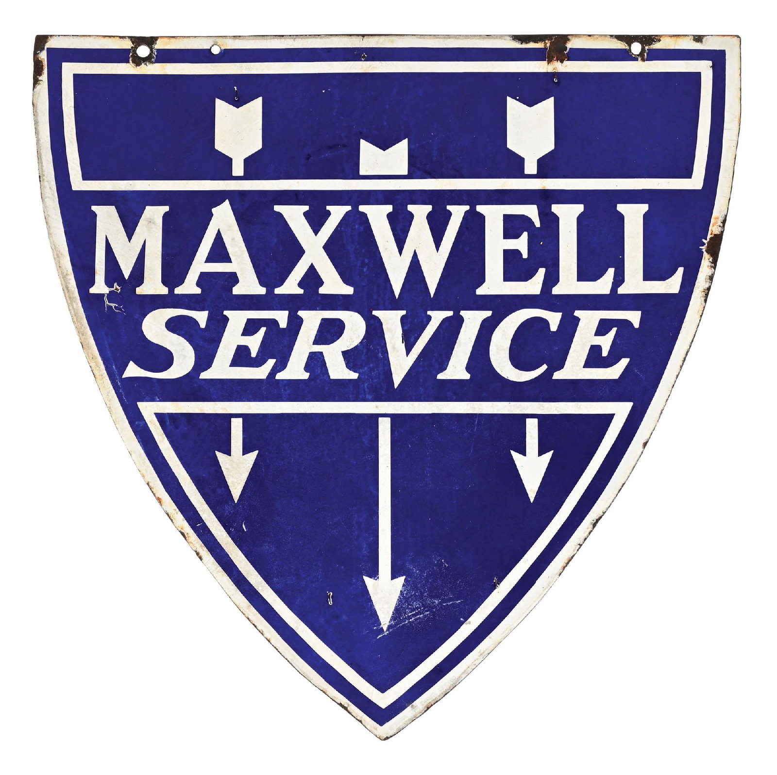 MAXWELL SERVICE PORCELAIN SIGN: DSP. C. 1930s. Maker Marked General Enamel - Chicago. CONDITION: Overall fair throughout showing areas of chipping and discoloration in the inner & outer fields. Areas of chipping at the mounting hole