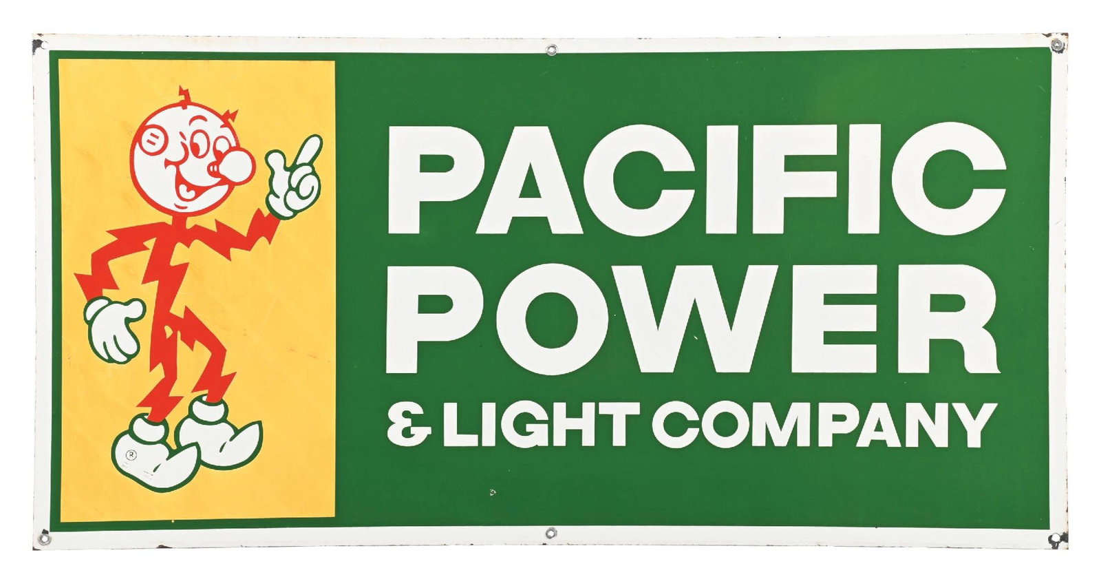 PACIFIC POWER & LIGHT COMPANY PORCELAIN SIGN: SSP. C. 1960s. CONDITION: Excellent color & gloss, showing clean lettering and graphic. Minor nick in the lower field as well as some fine surface scratches. Light chipping at the mounting holes and a