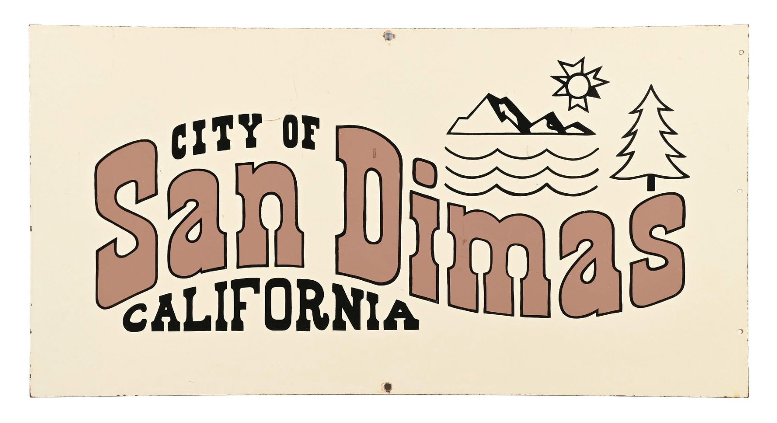 CITY OF SAN DIMAS, CALIFORNIA PORCELAIN SIGN.: SSP. C. 1960s. CONDITION: Sign shows excellent color & gloss throughout the field, with only a few minor areas of light surface scratches. Sign shows added mounting holes at the top and bottom edge wi