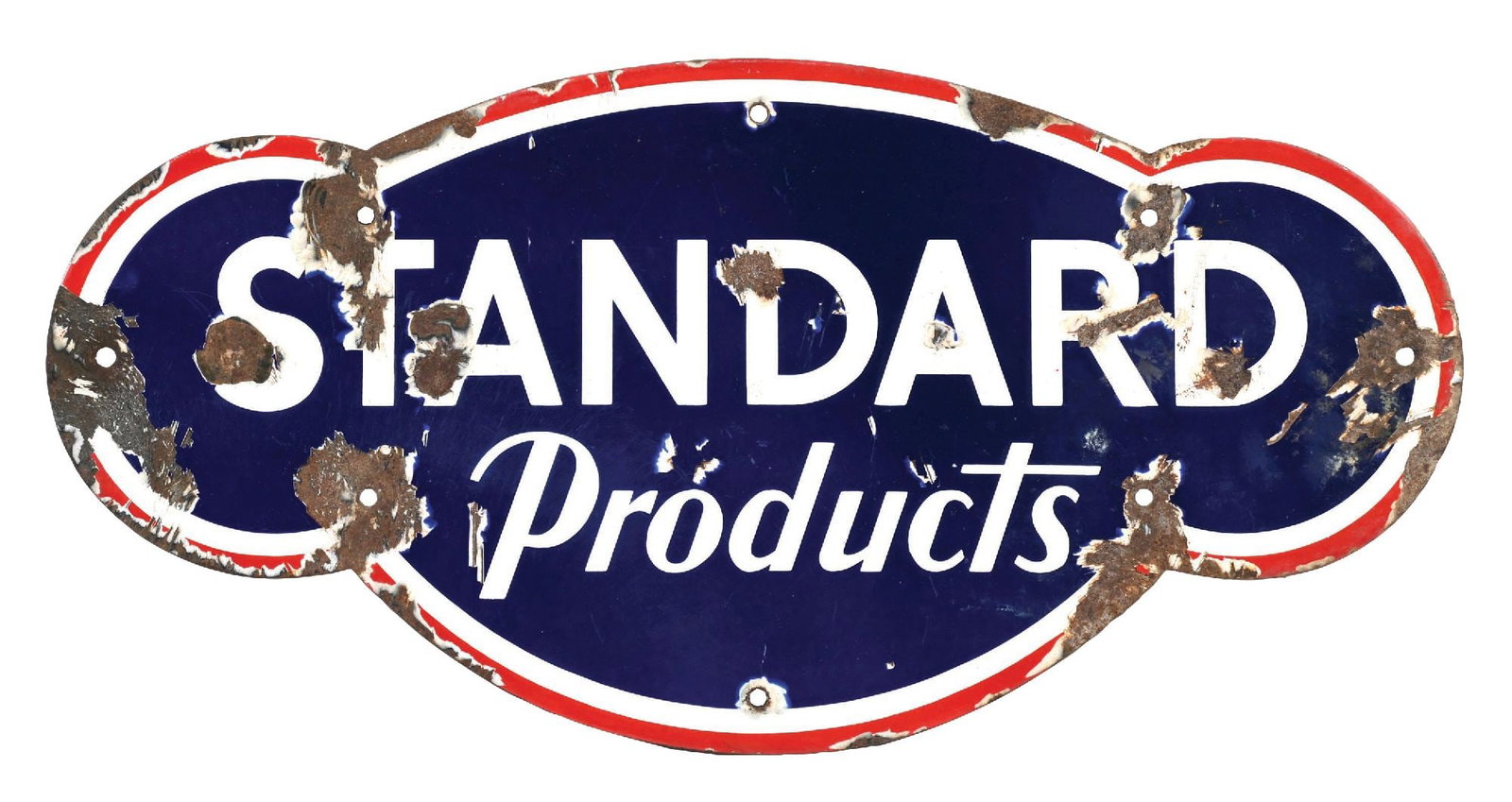 STANDARD PRODUCTS PORCELAIN SIGN: SSP. C. 1930s. CONDITION: Very good color & gloss, with moderate to heavy wear throughout as well as added holes in the outer fields. A scarce size for this sign. Condition: (7.0). Dimensions: 28 - 1/