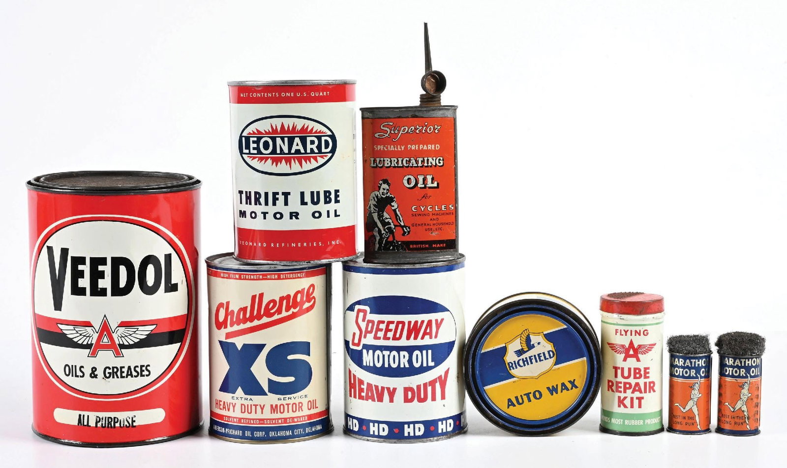 COLLECTION OF 9: VARIOUS MOTOR OIL, GREASE, WAX & POLISH CANS: Collection Consists Of: Quart Cans from Leonard, Challenge & Speedway as well as Veedol five pound grease can, Richfield Auto Wax, Flying A Tire Repair Kit, Superior Lubricating Oil with bicycle graph