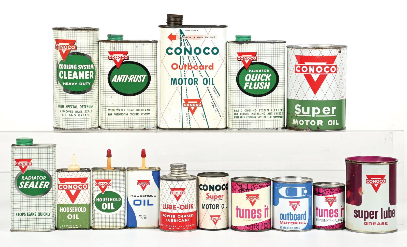 COLLECTION OF 15: CONOCO OIL COMPANY VARIOUS OIL & GREASE CAN.: Collection Consists Of: A coin bank and various oil & grease cans from Conoco Oil Company. CONDITION: Each in very good condition showing a minimal amount of light wear. An excellent, instant collecti