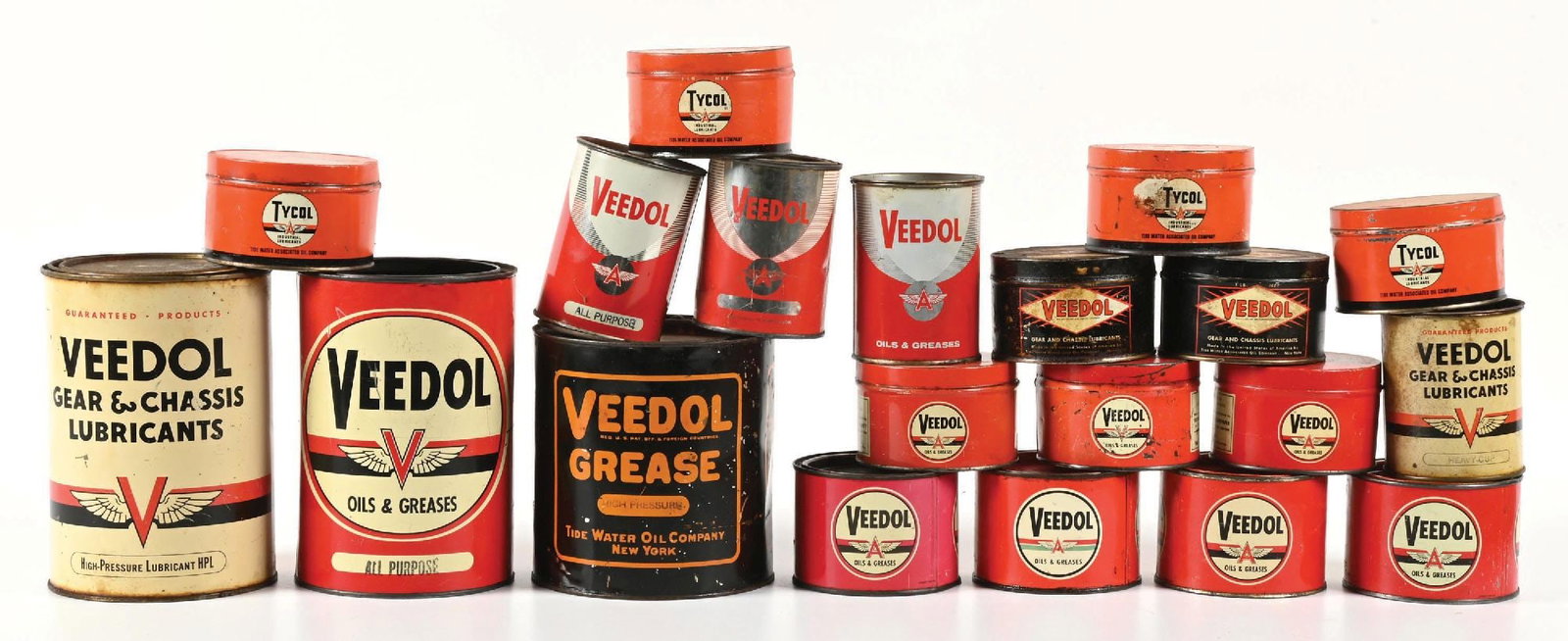COLLECTION OF 18: VARIOUS GREASE CANS FROM VEEDOL & TYCOL.: Large collection of 18 various grease cans from Veedol & Tycol. Cans range from one pound to five pound and trade from 7.0 to 8.75. A nice collection, should improve with cleaning if desired. Conditio