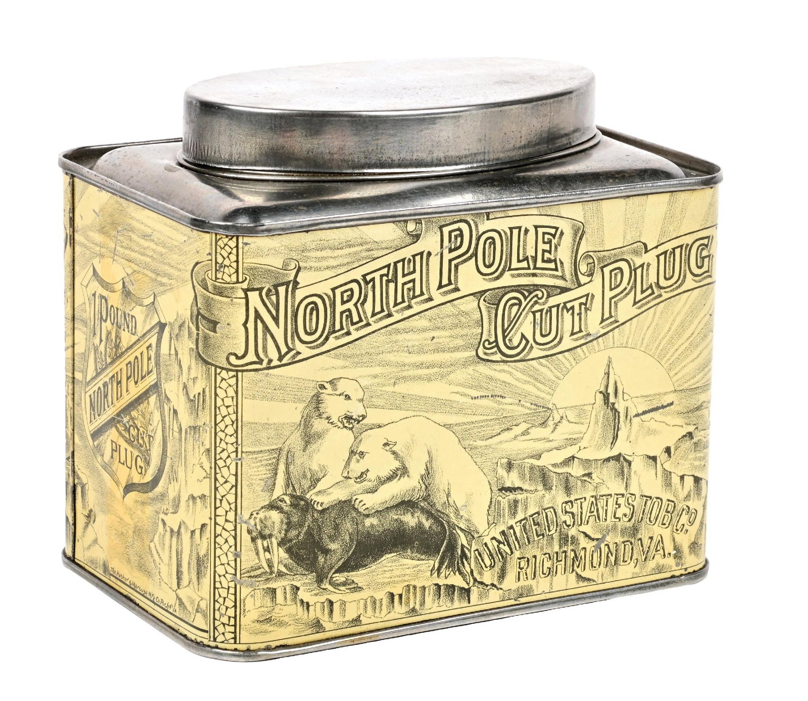 NORTH POLE CUT PLUG TOBACCO ONE POUND CAN W/ POLAR BEAR GRAPHICS.: Maker Marked Hasker & Marcuse, Richmond, Virginia. CONDITION: Excellent color & gloss throughout, showing only a faint amount of light surface scratches and light age wear. Can is dent free and shows 