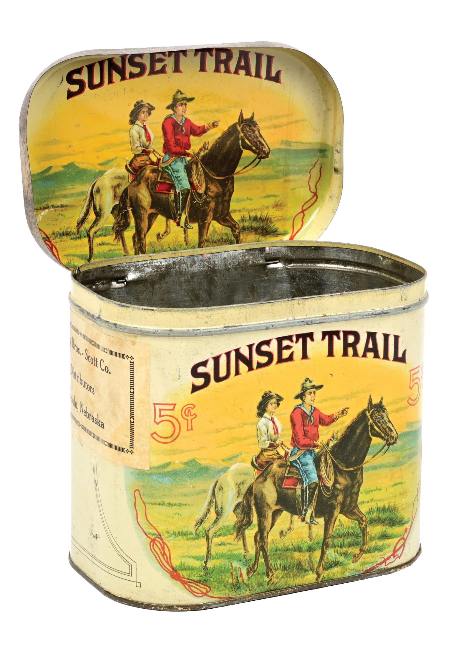SUNSET TRAIL 5¢ CIGAR TIN STORE DISPLAY CAN W/ COWBOY & COWGIRL GRAPHIC. (1 of 8)