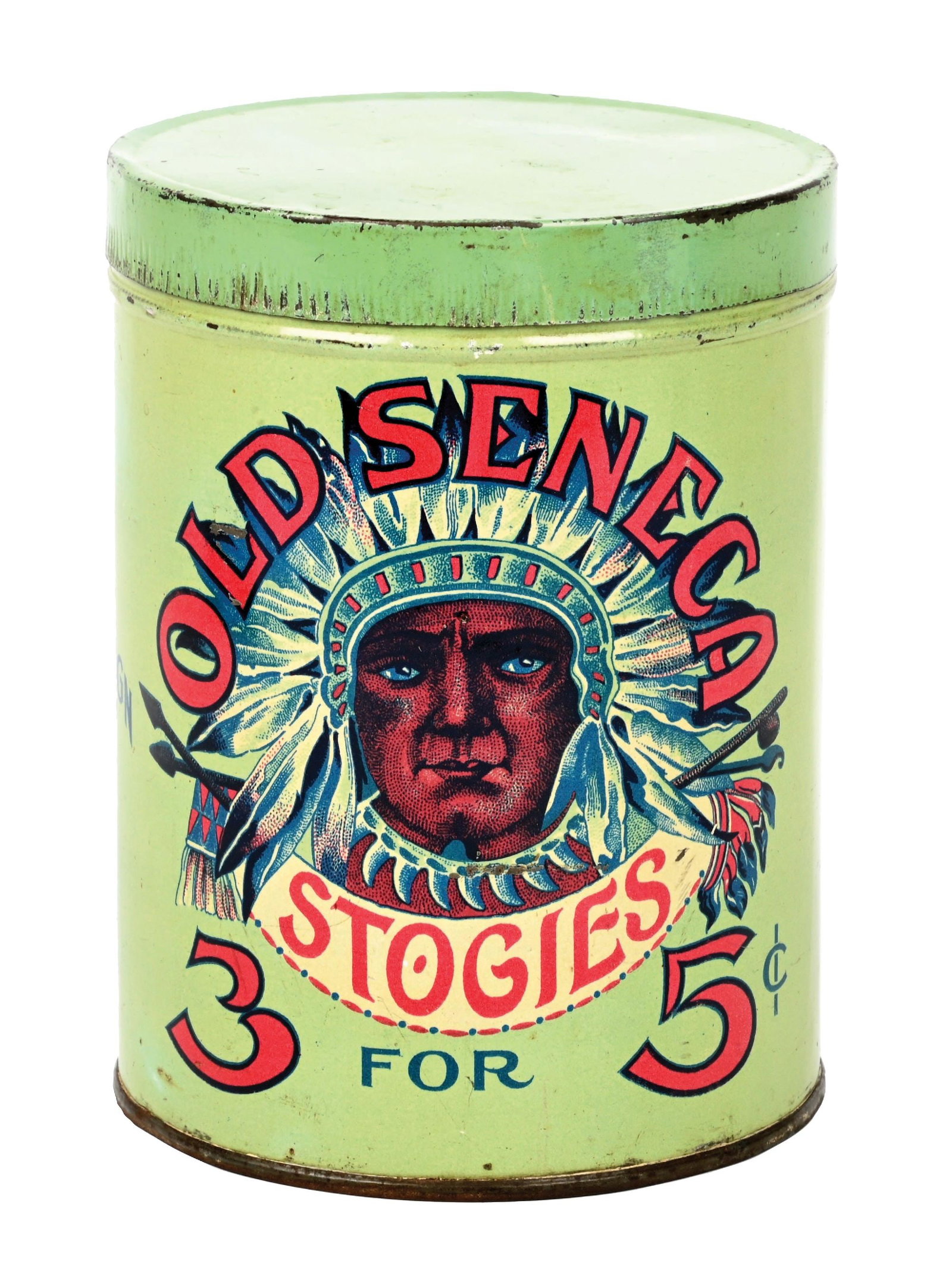 OLD SENECA STOGIES 3 FOR 5¢ TIN STORE DISPLAY CAN W/ INDIAN GRAPHIC. (1 of 6)