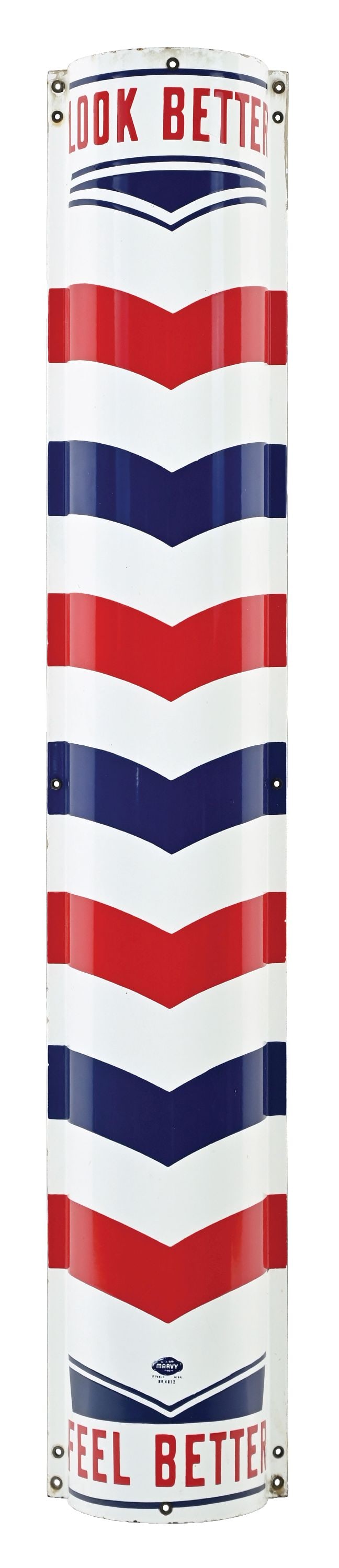 WILLIAM MARVY CO. LOOK BETTER FEEL BETTER CURVED PORCELAIN BARBER POLE SIGN: SSP. CONDITION: Outstanding color & gloss throughout the field, showing no notable field wear with bright red, white & blue porcelain. Minor areas of light use wear at the mounting holes as well as at