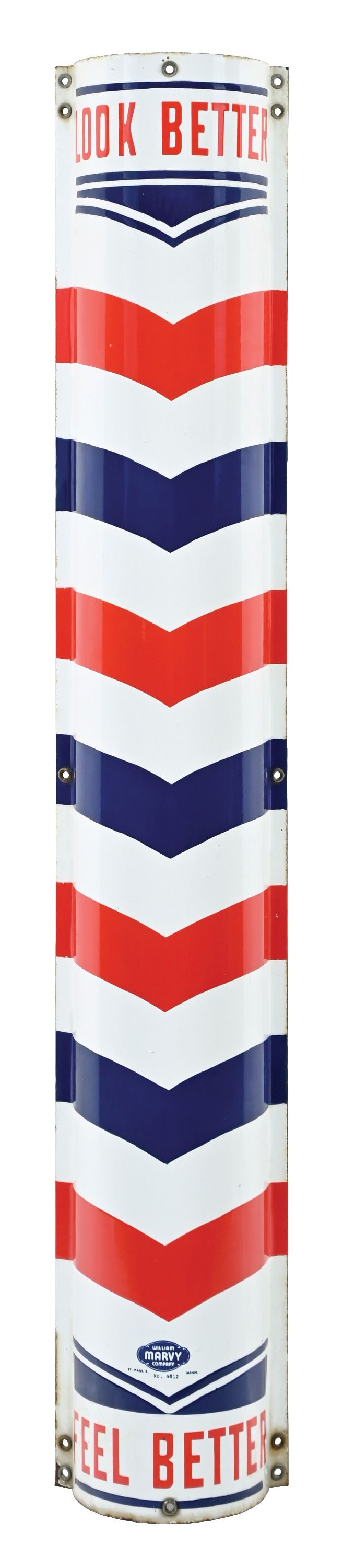 WILLIAM MARVY CO. LOOK BETTER FEEL BETTER CURVED PORCELAIN BARBER POLE SIGN: SSP. CONDITION: Outstanding color & gloss throughout the field showing no notable field wear with bright red, white & blue porcelain. Minor areas of chipping at the mounting holes as well as at the ou