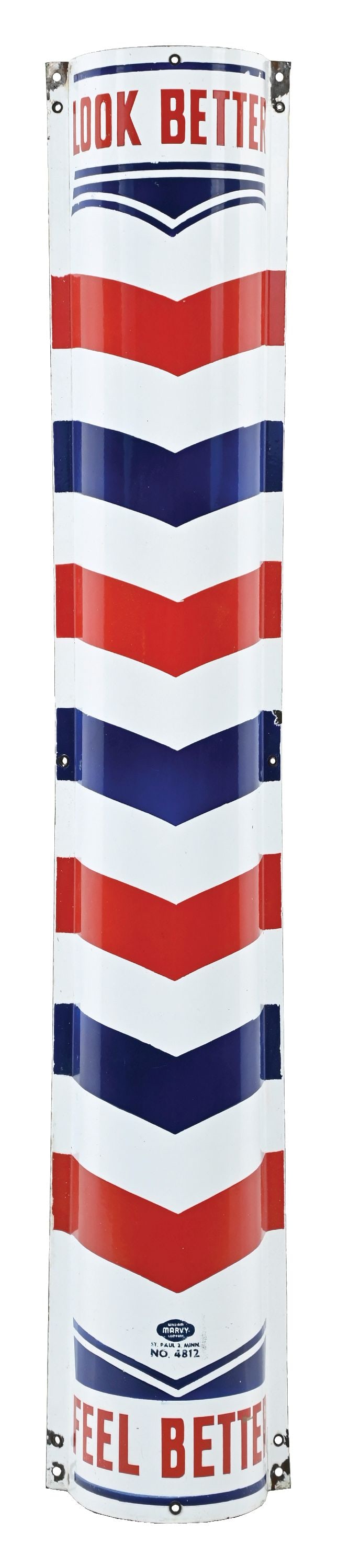 WILLIAM MARVY CO. LOOK BETTER FEEL BETTER CURVED PORCELAIN BARBER POLE SIGN: SSP. CONDITION: Outstanding color & gloss throughout the field showing no notable field wear with bright red, white & blue porcelain. Minor areas of chipping at the mounting holes as well as at the ou