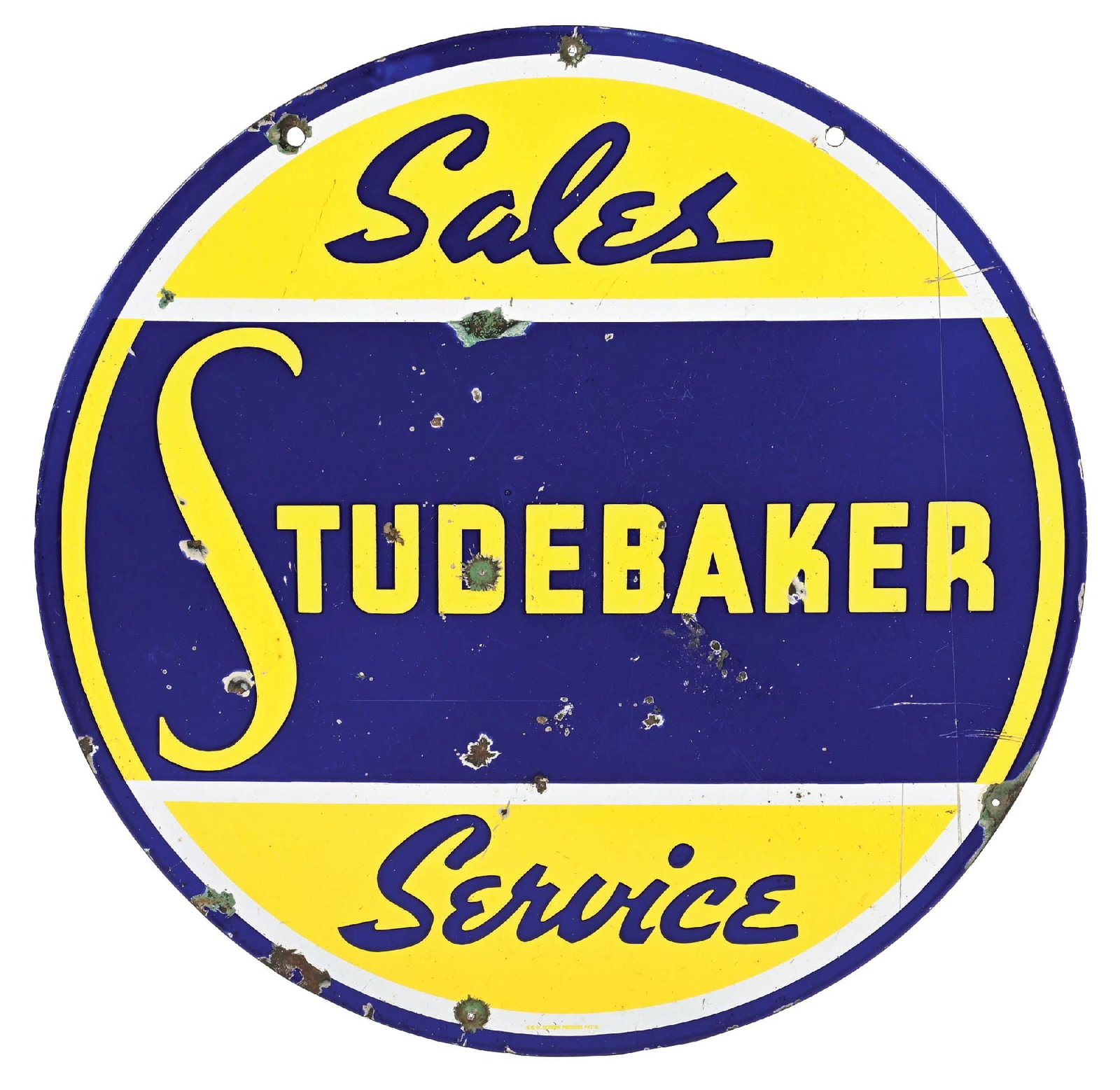 STUDEBAKER SALES & SERVICE PORCELAIN SIGN: DSP. CONDITION: Showing very good color & gloss throughout each side with areas of chipping in the inner & outer fields, some of which has been nicely touched up. Added nail holes along the outer edge