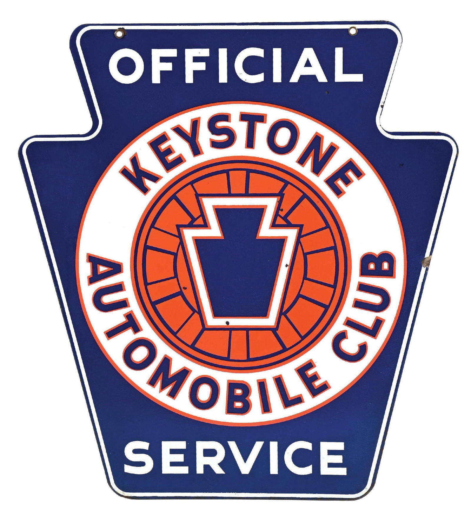 KEYSTONE AUTOMOBILE CLUB OFFICIAL SERVICE PORCELAIN SIGN: DSP. CONDITION: Very good color & gloss throughout showing minor chips in the fields of both sides as well as some surface scratches. Light discoloration on the lower edge of side two with some minima
