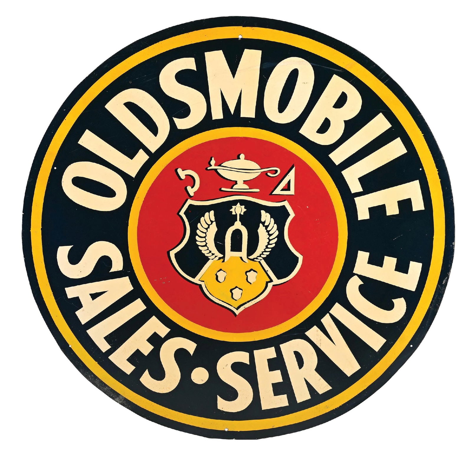 RARE OLDSMOBILE SALES & SERVICE TIN SIGN W/ CREST GRAPHIC.: SST. C. 1950s. A rare piece of Oldsmobile Signage showing Sales & Service in Tin with detailed Crest graphic. CONDITION: Showing very good color & gloss throughout with some minor areas of light paint