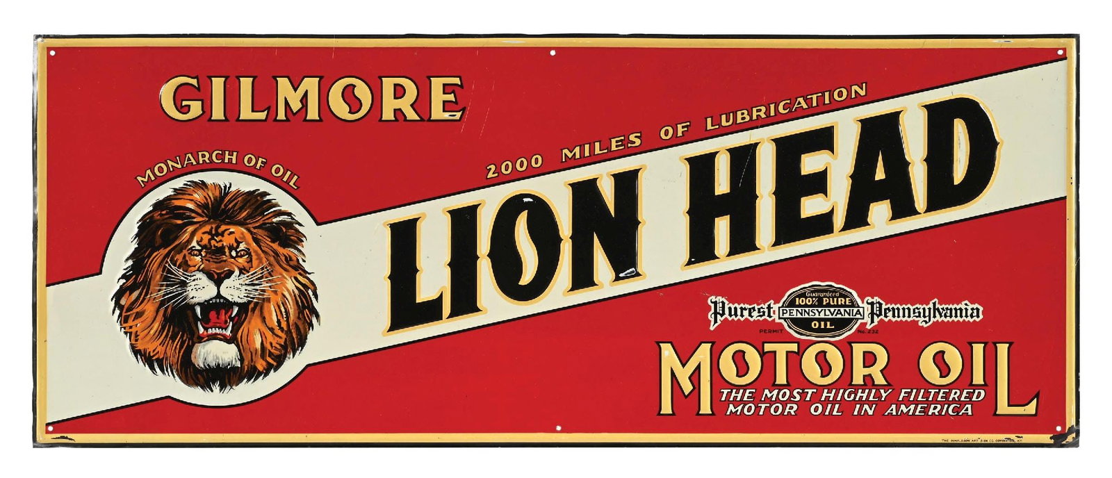 GILMORE LION HEAD MOTOR OIL EMBOSSED TIN SIGN: SST. C. 1930s. Maker Marked Donaldson Art Sign Co., Covington, Kentucky. CONDITION: Excellent color & gloss throughout showing immaculate Lion graphic with excellent condition script. Field showing so