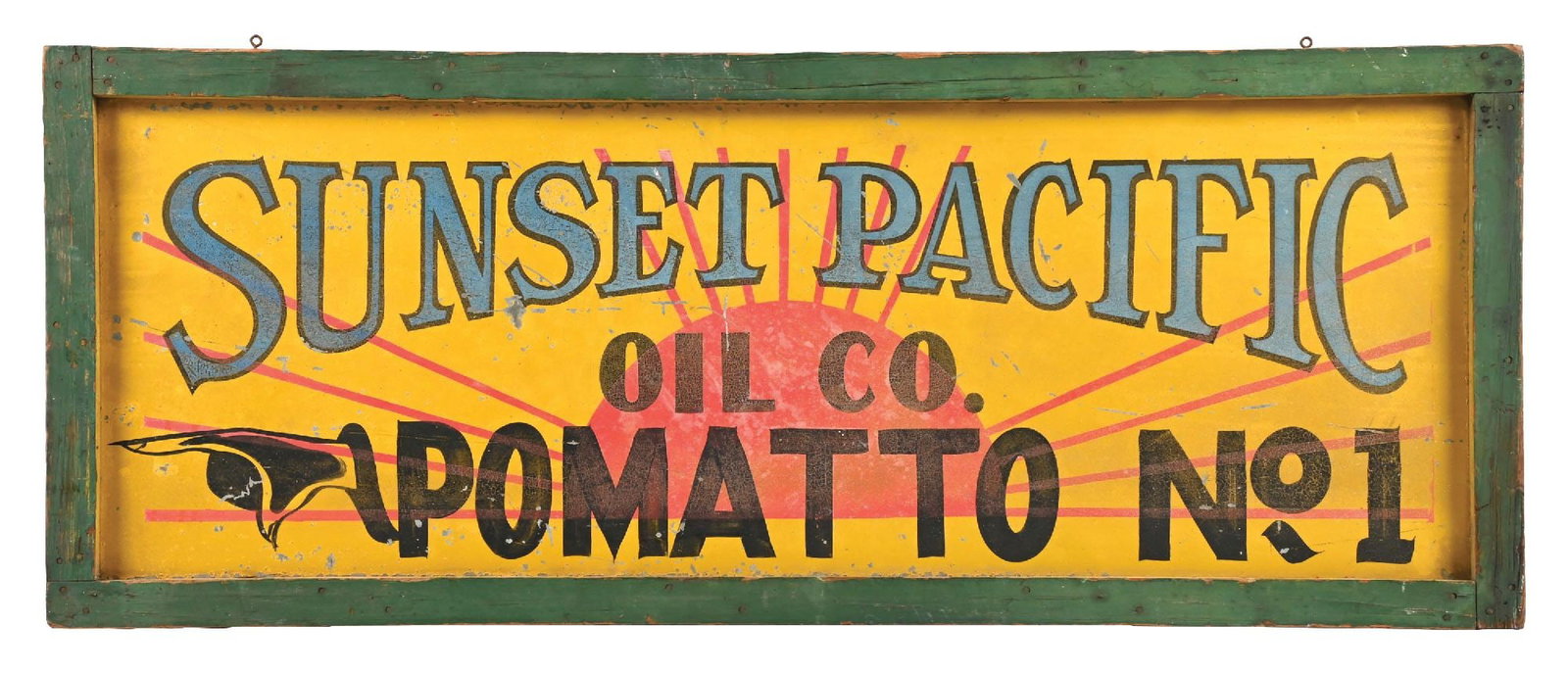 RARE SUNSET PACIFIC OIL CO. POMATTO NO. 1 PAINTED TIN SIGN WITH ORIGINAL WOOD FRAME (1 of 2)