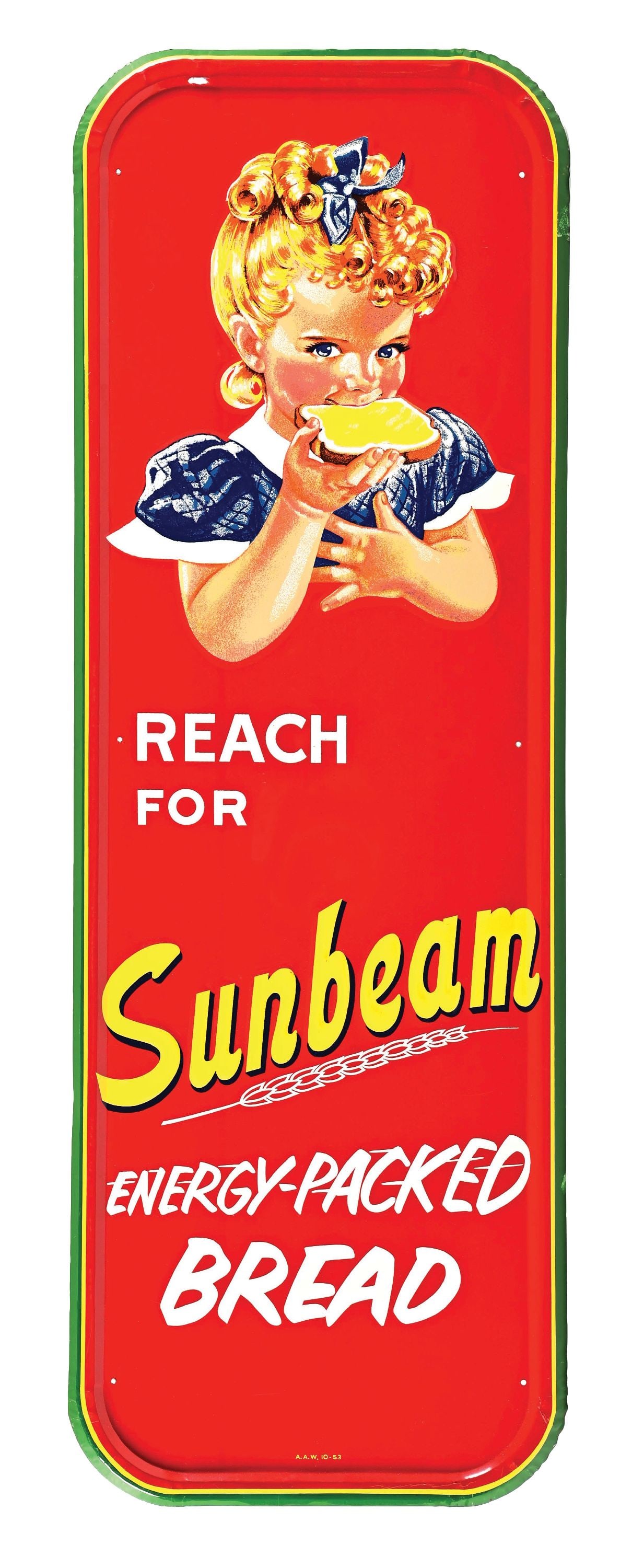 OUTSTANDING N.O.S. SUNBEAM ENERGY PACKED BREAD SELF-FRAMED TIN SIGN: SST. Maker Marked American Art Works, Dated 1953. CONDITION: Absolutely brilliant NOS condition, showing outstanding color & gloss throughout the field with no notable surface wear in the fields. The 