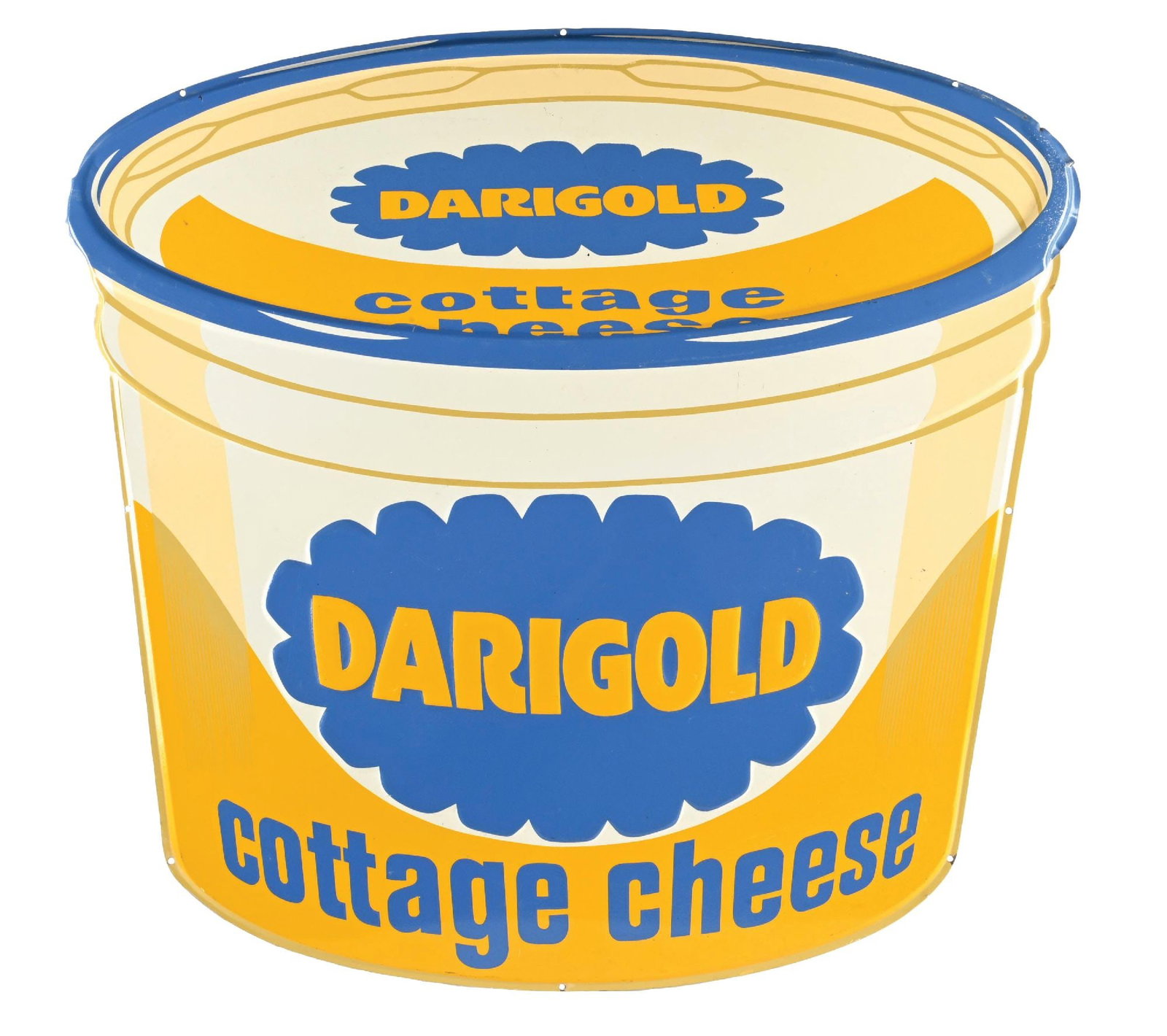 DARIGOLD COTTAGE CHEESE EMBOSSED TIN SIGN: SST. C. 1950s. CONDITION: Excellent color & gloss throughout showing ultra clean field free of any heavy wear. Sign shows only the faintest amount of wear along the outer edges. A brilliant example. C
