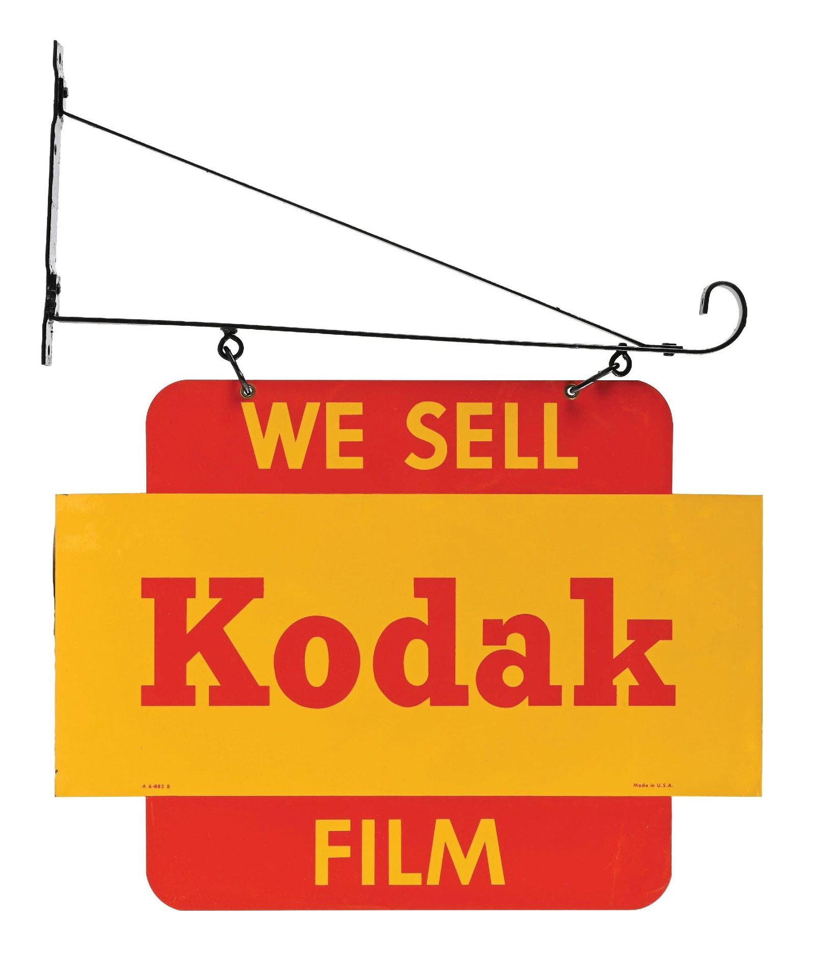 WE SELL KODAK FILM TIN SIGN W/ HANGING BRACKET: DST. C. 1950s. CONDITION: Excellent color & gloss throughout each side showing only minimal areas of light surface wear with no heavy damage. Mounting holes and outer edges are in excellent condition 