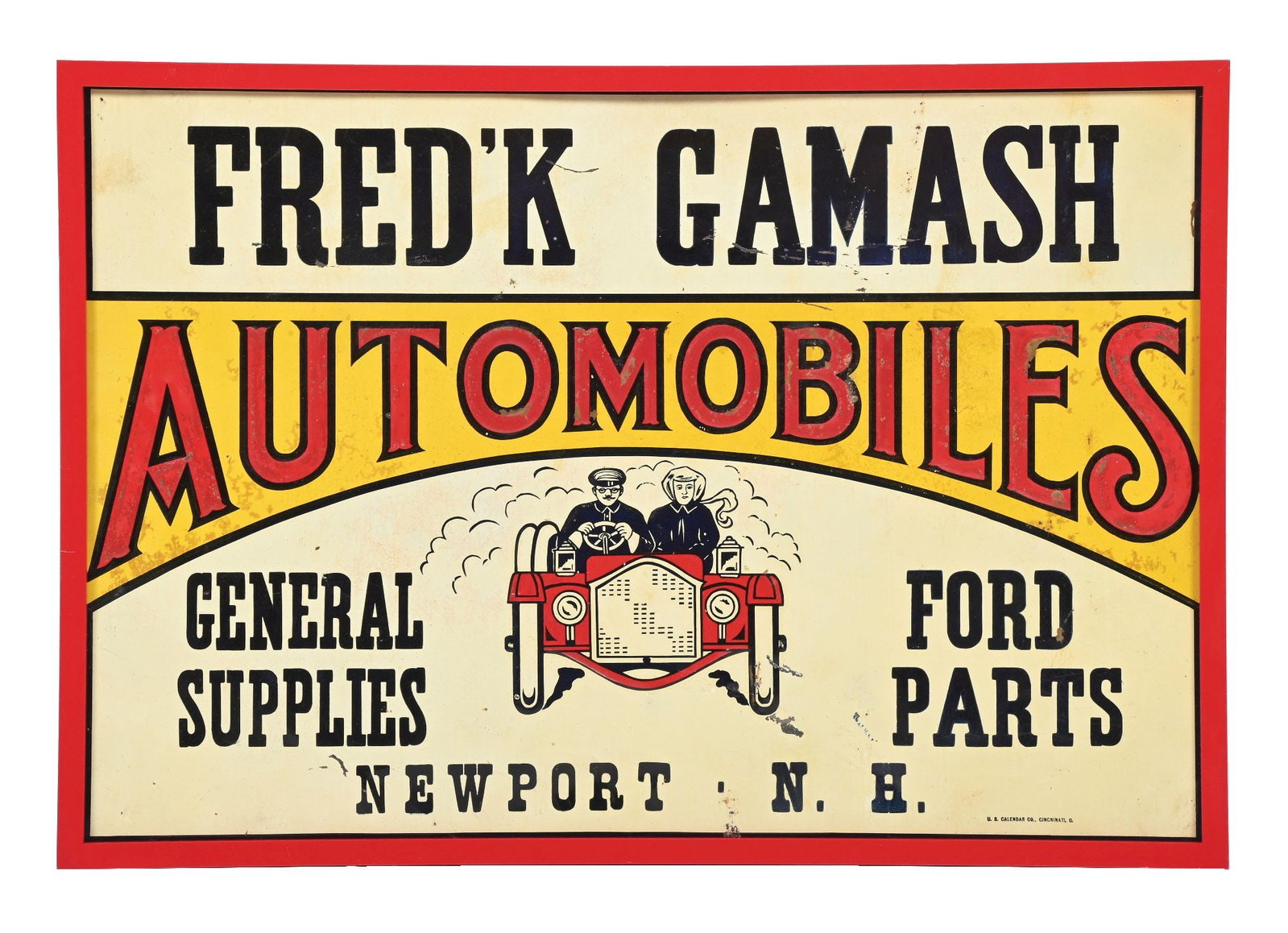 FRED'K GAMASH AUTOMOBILES EMBOSSED TIN SIGN W/ CAR GRAPHIC.: SST. Maker Marked U.S. Calendar Company, Cincinnati, Ohio. CONDITION: Very good color & gloss throughout showing general age wear in the fields with some surface scratching and staining as well as som
