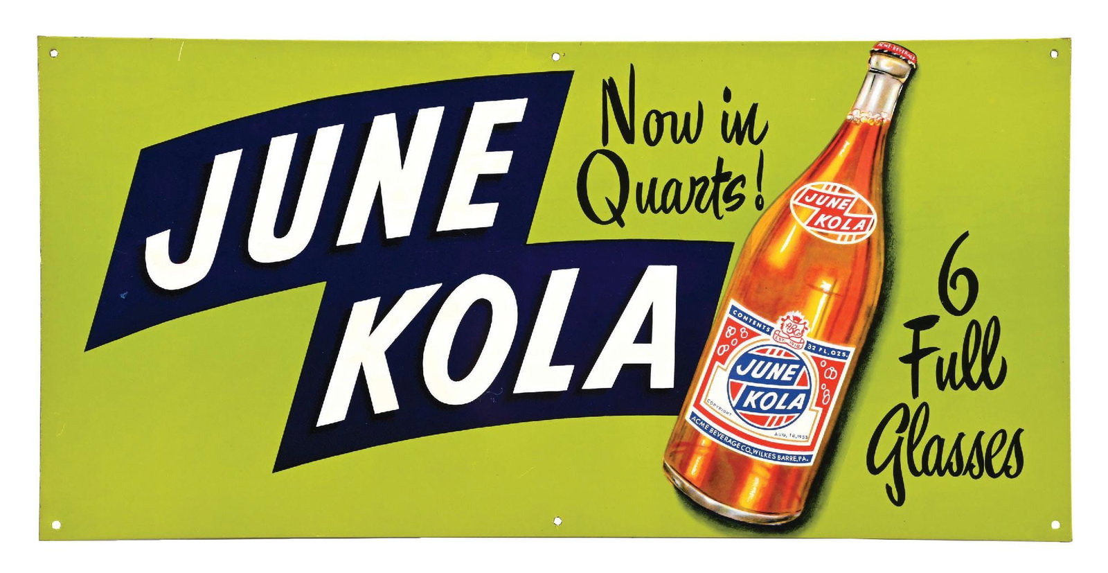 N.O.S. JUNE KOLA SODA POP TIN SIGN W/ BOTTLE GRAPHIC. (1 of 3)