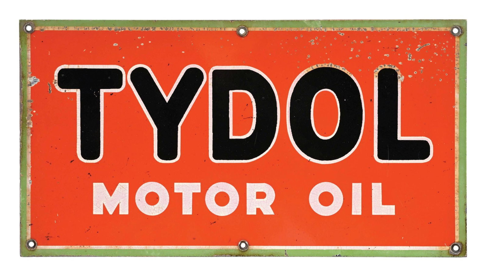TYDOL MOTOR OIL PAINTED METAL SIGN: SST. C. 1930s. CONDITION: Very good color & gloss throughout the field, showing some minor surface scratching as paint nicks in the upper field. Light general use wear at the mounting holes and along 