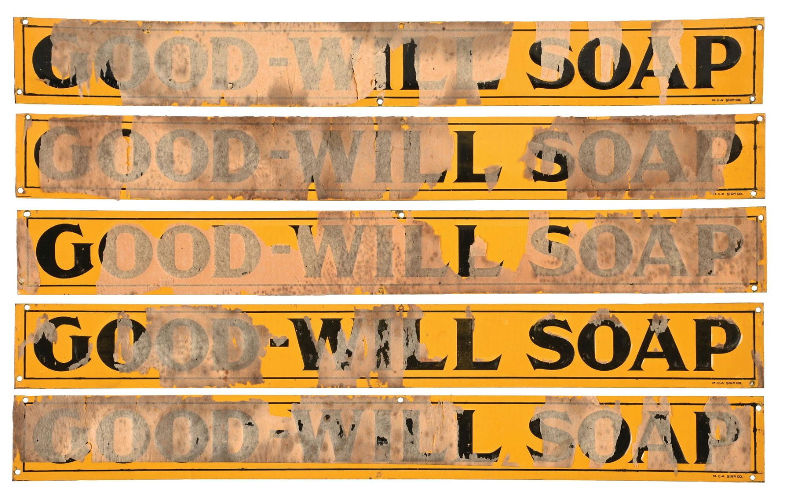 COLLECTION OF 5: GOOD WILL SOAP EMBOSSED TIN N.O.S. STRIP SIGNS (1 of 3)