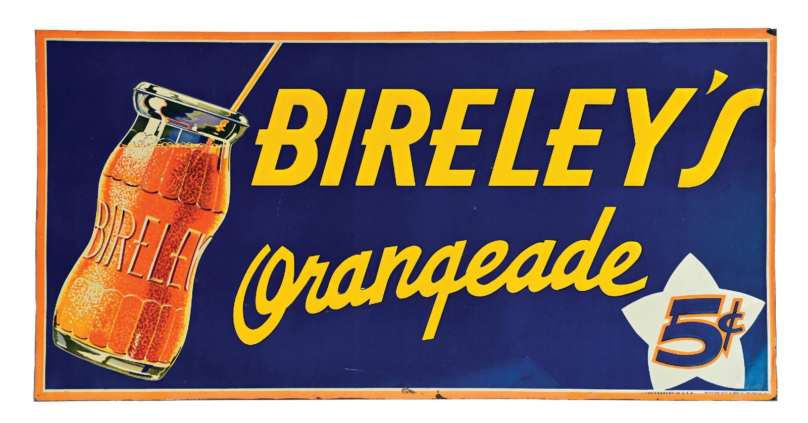 BIRELEY'S ORANGEADE 5¢ EMBOSSED TIN SIGN W/ BOTTLE GRAPHIC. (1 of 3)