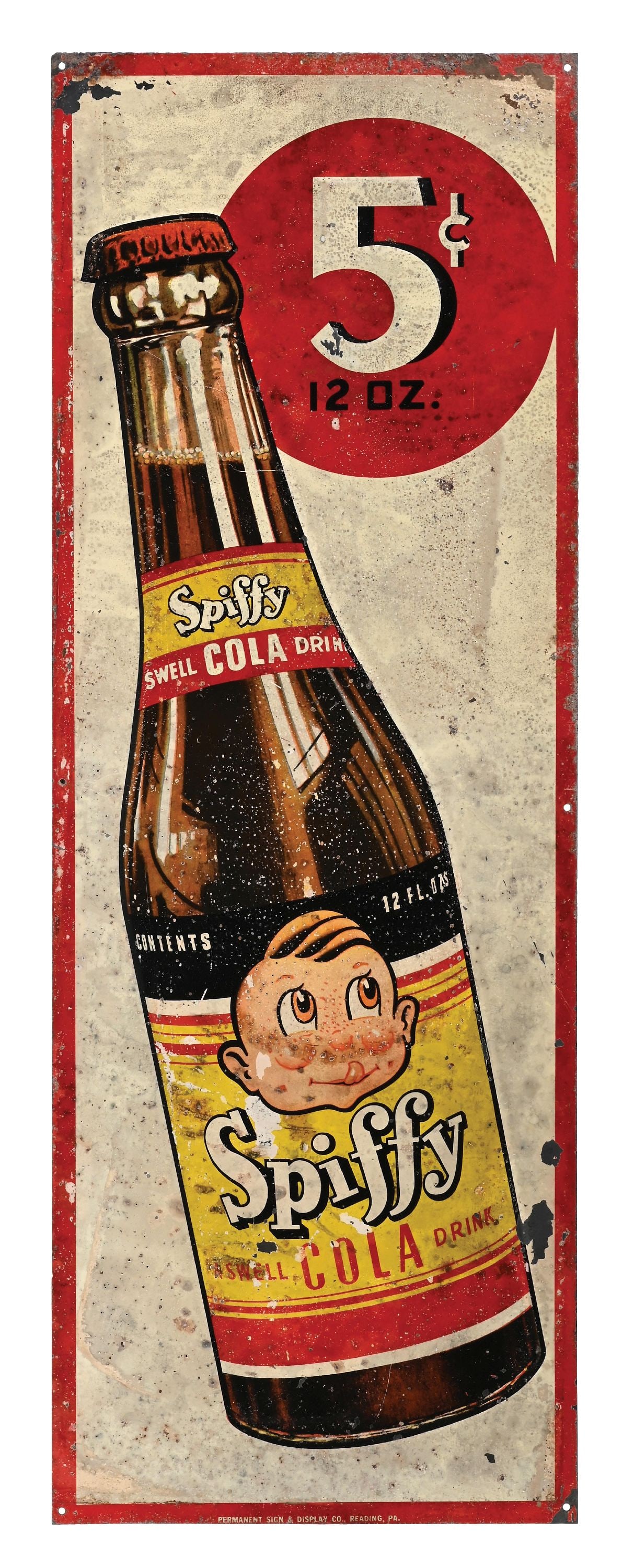 5¢ SPIFFY COLA EMBOSSED TIN SIGN W/ BOTTLE GRAPHIC. (1 of 3)