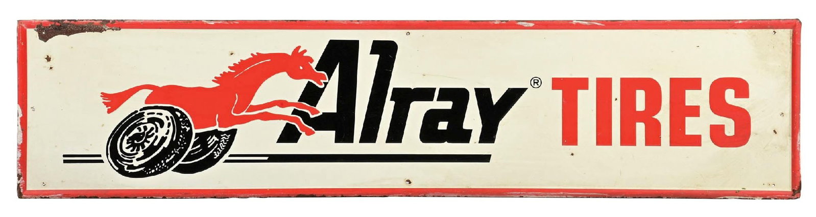 ALRAY TIRES EMBOSSED TIN SIGN WITH HORSE GRAPHIC: SST. CONDITION: Very good color & gloss throughout with clean graphic. Minor areas of surface scratching in the field with light areas of paint wear in the outer field. Areas of paint loss along the o