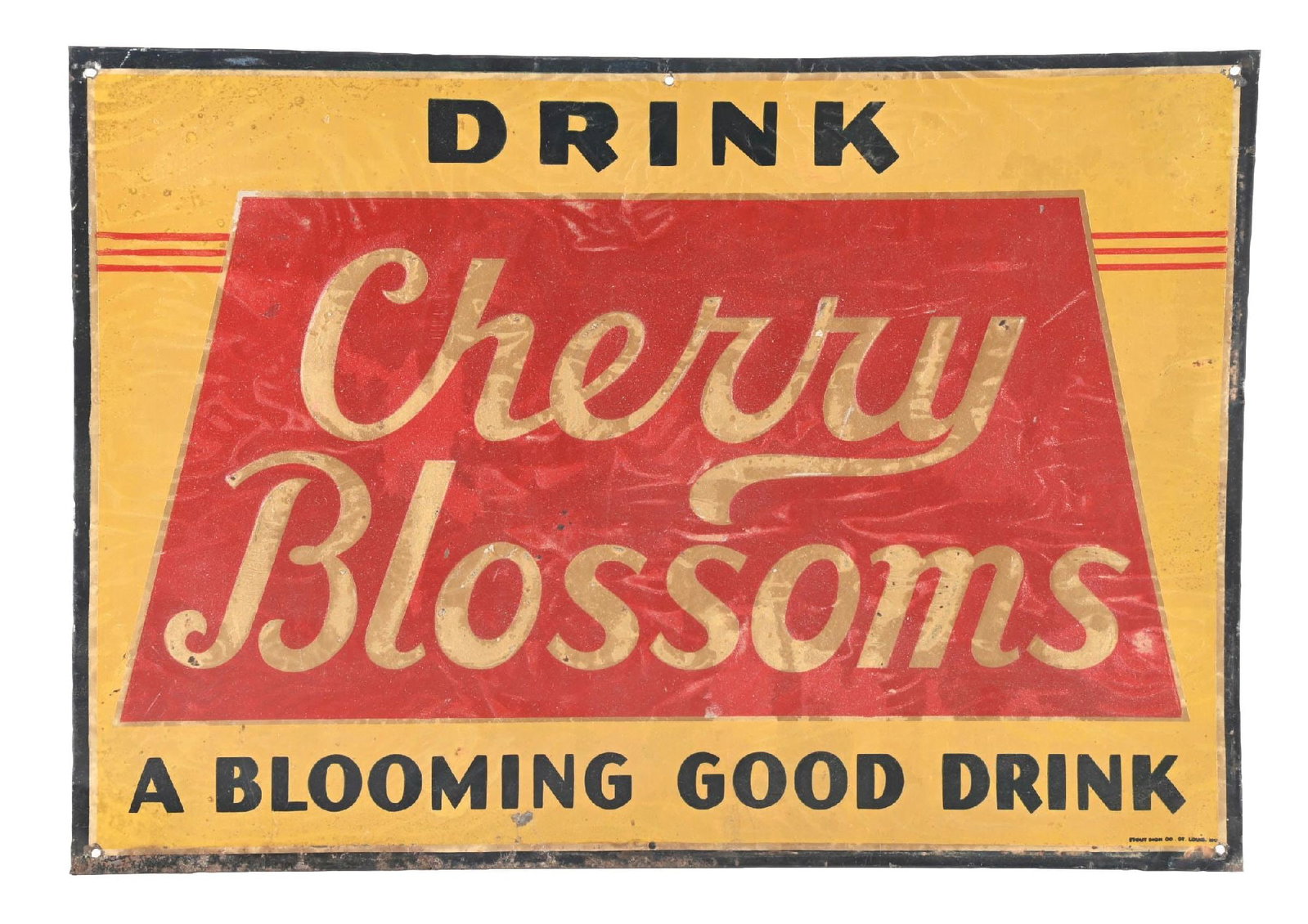 DRINK CHERRY BLOSSOMS EMBOSSED TIN SIGN.: SST. Maker Marked Stout Sign Co. C. 1940s. CONDITION: Fair color throughout with moderate to heavy paper staining in the gloss, some of which may improve with cleaning. Minor areas of wear at the moun